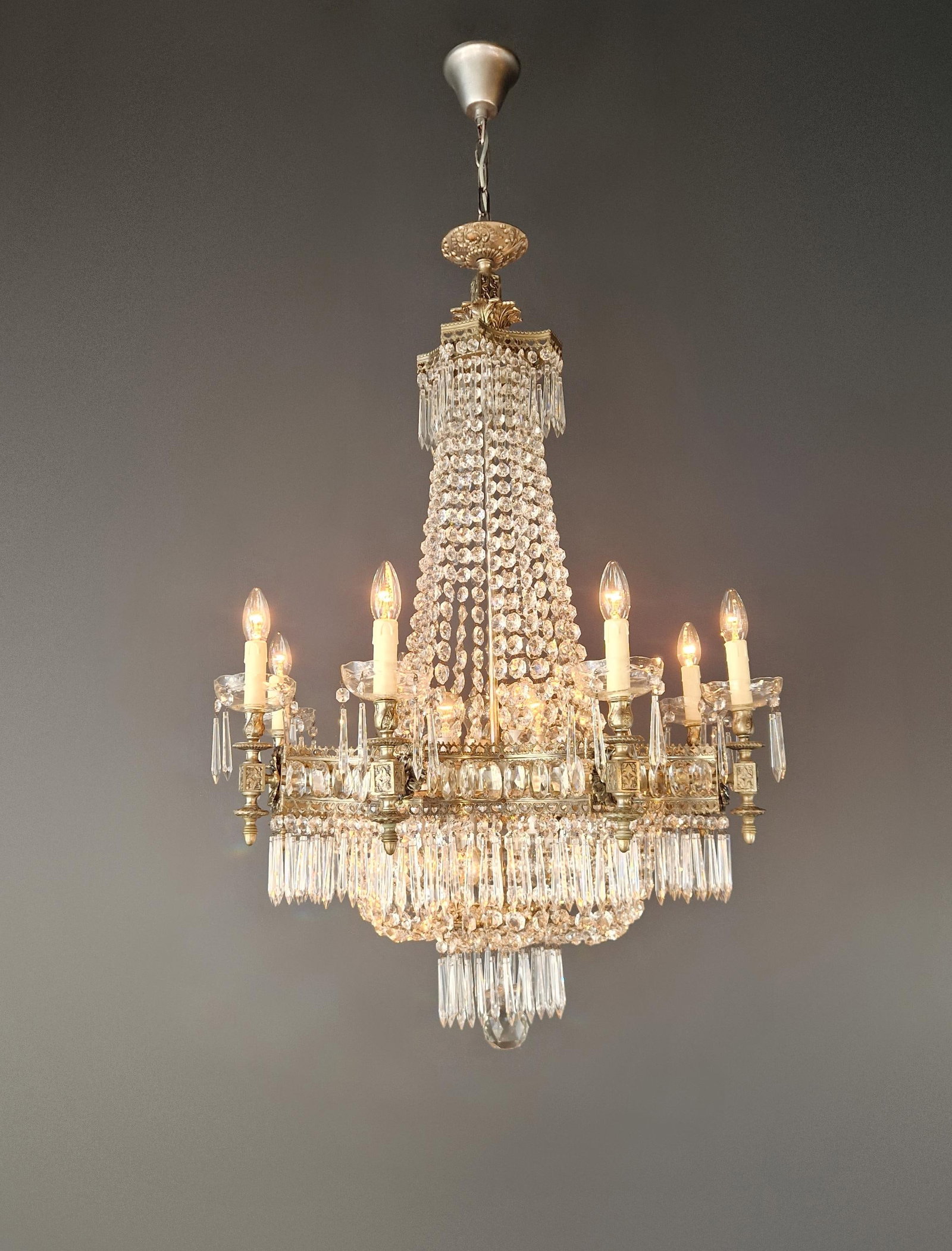 1930s Art Deco Crystal Chandelier Silver Serpentine Form Restored Antique Brass - 8