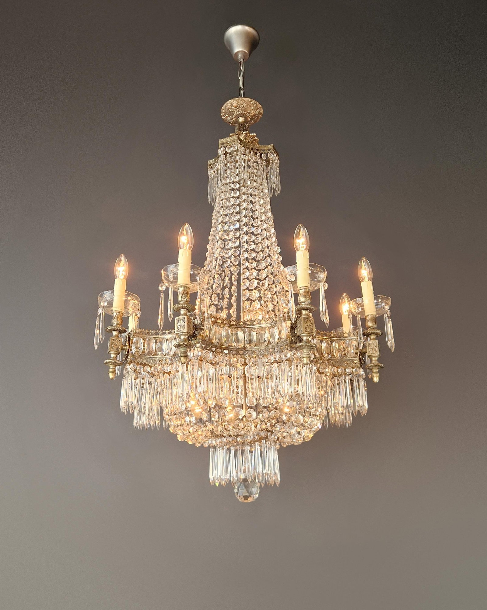 1930s Art Deco Crystal Chandelier Silver Serpentine Form Restored Antique Brass - 9
