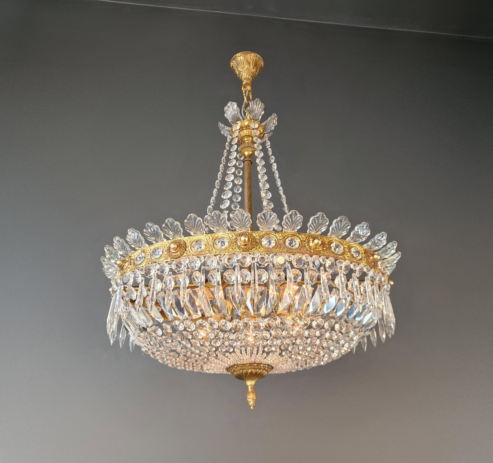 Antique Oval Empire Style Crystal Chandelier Brass Neoclassical Light Restored - 10