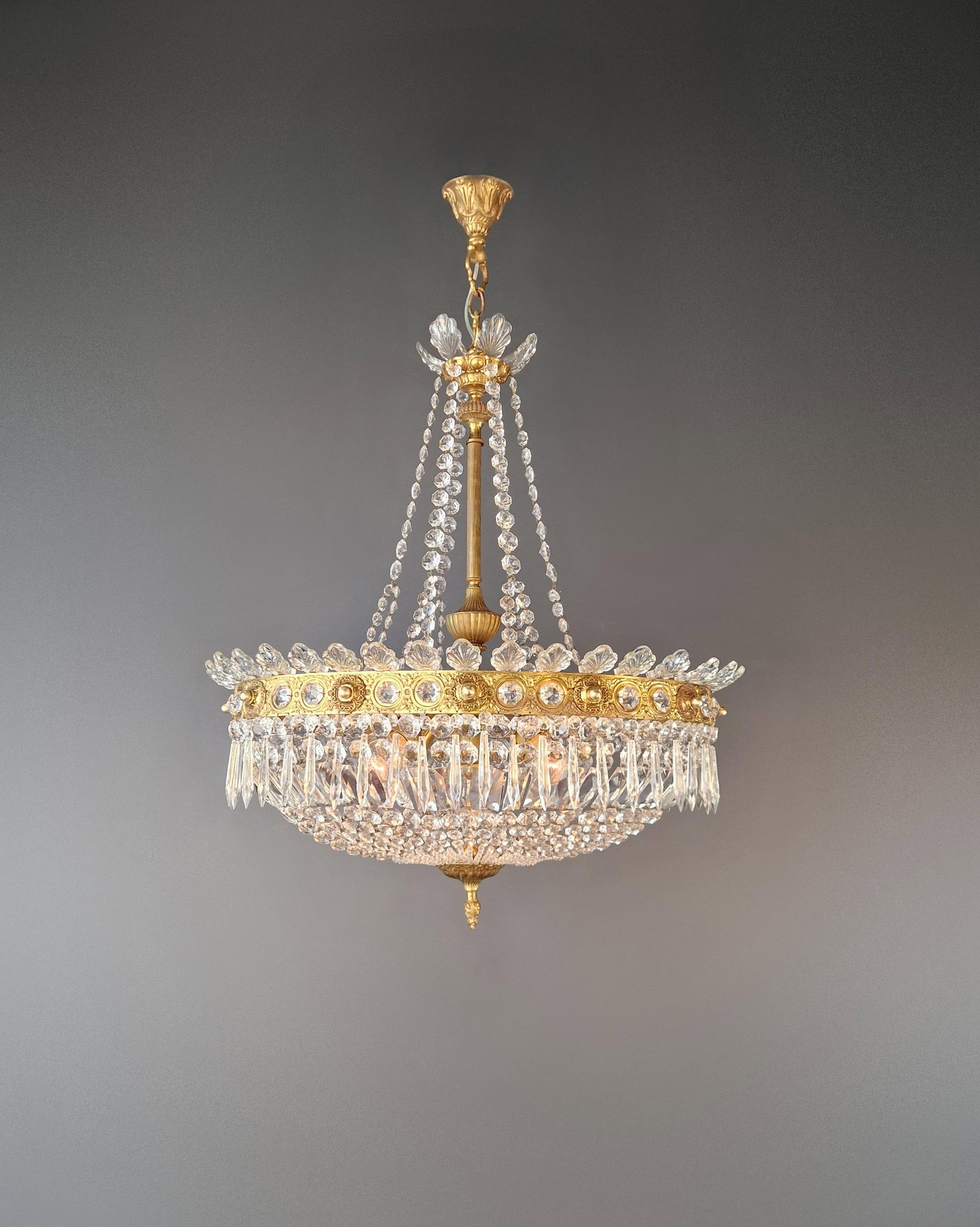 Antique Oval Empire Style Crystal Chandelier Brass Neoclassical Light Restored - 11