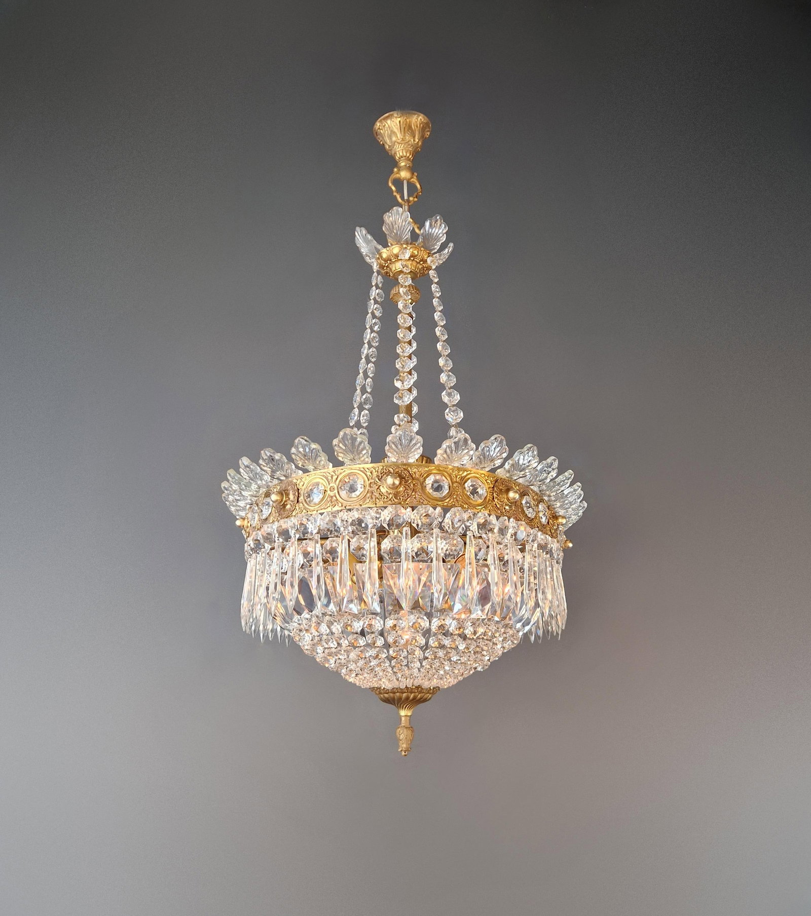 Antique Oval Empire Style Crystal Chandelier Brass Neoclassical Light Restored - 12