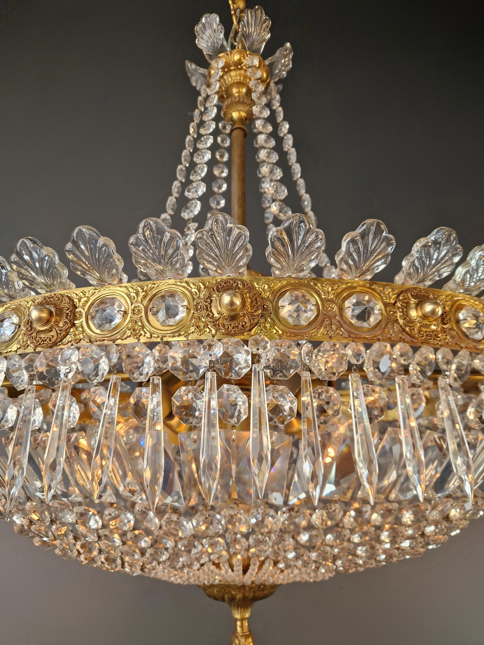 Antique Oval Empire Style Crystal Chandelier Brass Neoclassical Light Restored - 13