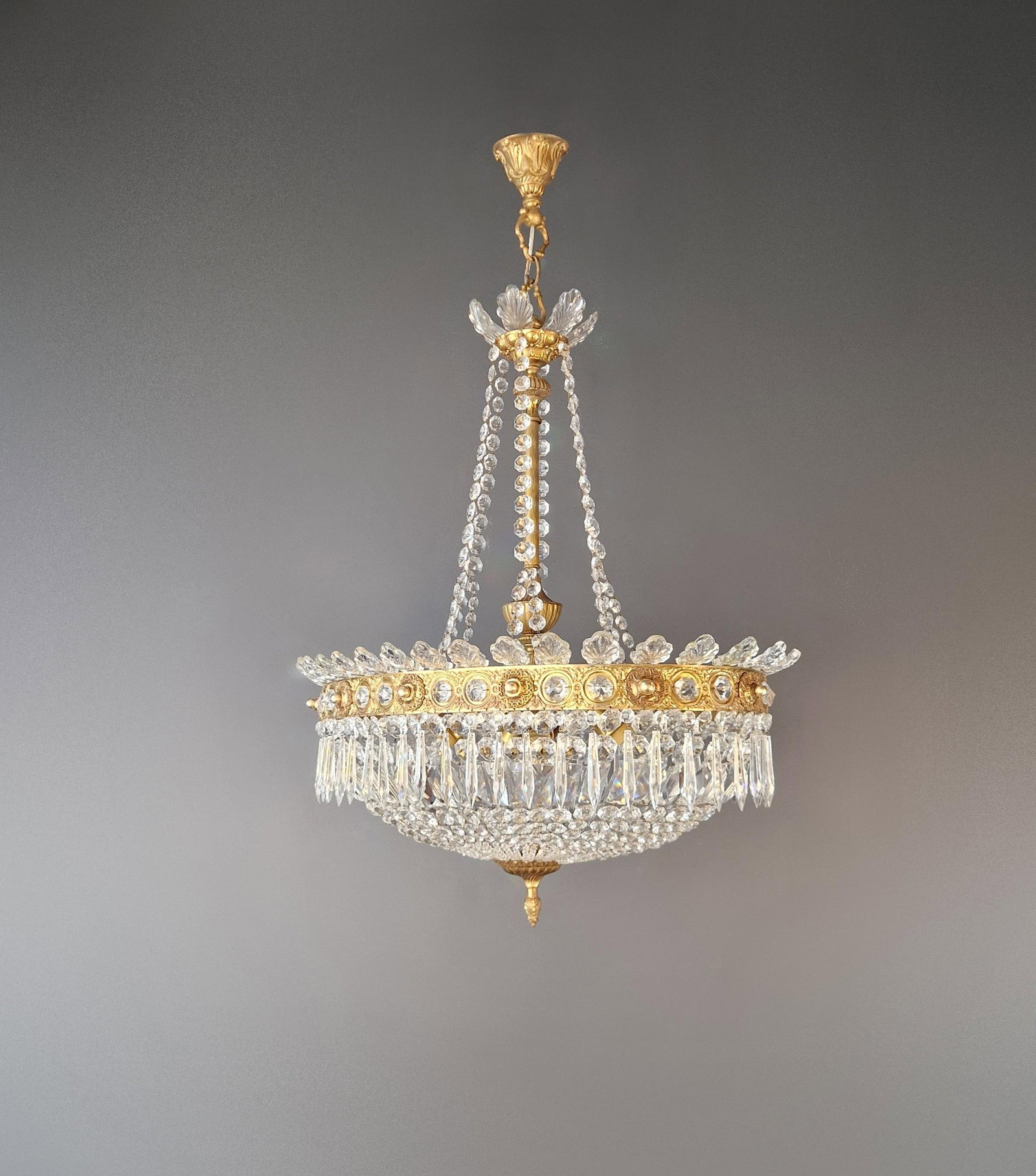 Antique Oval Empire Style Crystal Chandelier Brass Neoclassical Light Restored - 14