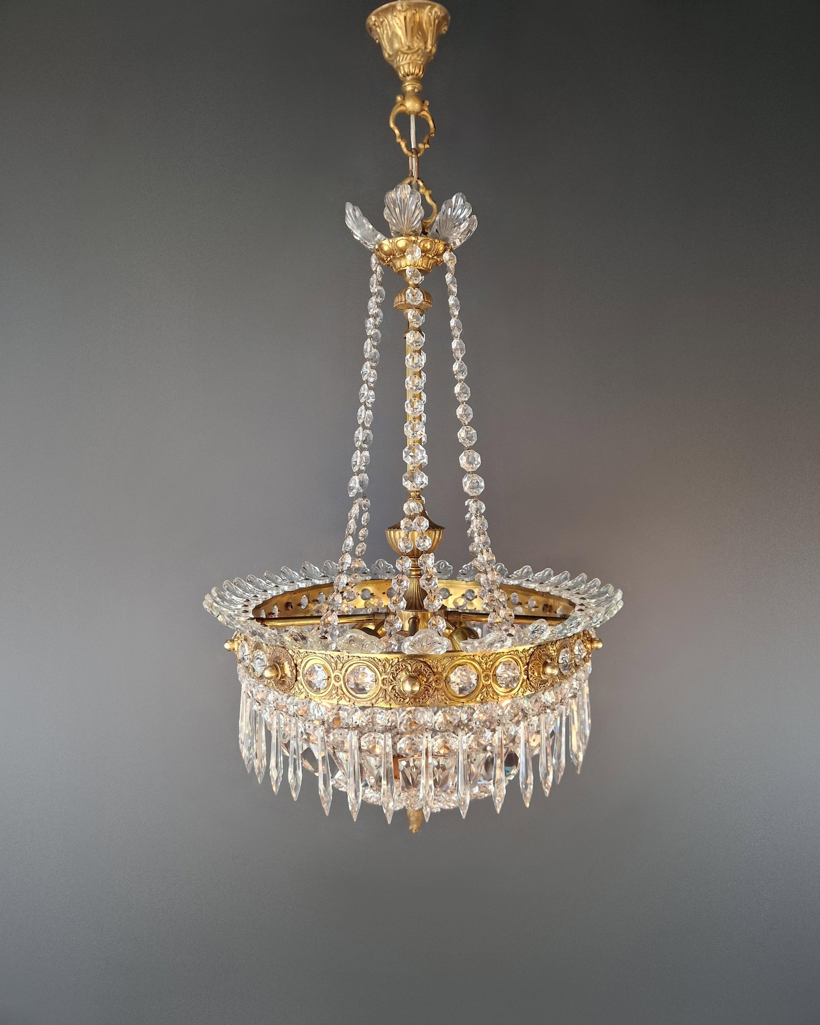 Antique Oval Empire Style Crystal Chandelier Brass Neoclassical Light Restored - 15