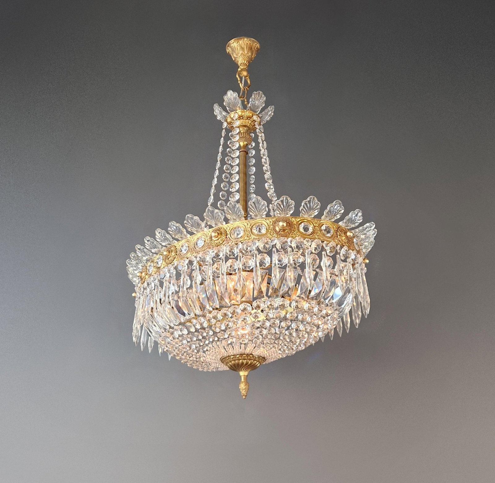 Antique Oval Empire Style Crystal Chandelier Brass Neoclassical Light Restored - 2