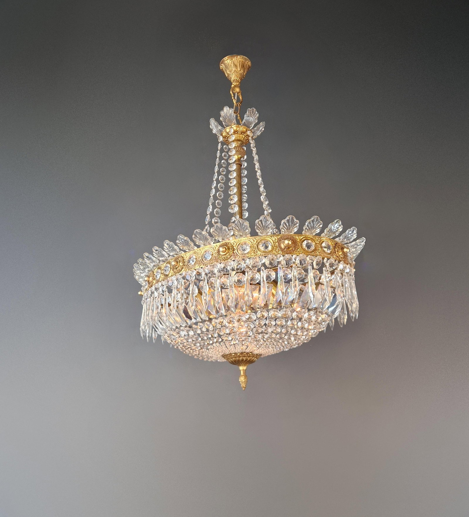 Antique Oval Empire Style Crystal Chandelier Brass Neoclassical Light Restored - 3