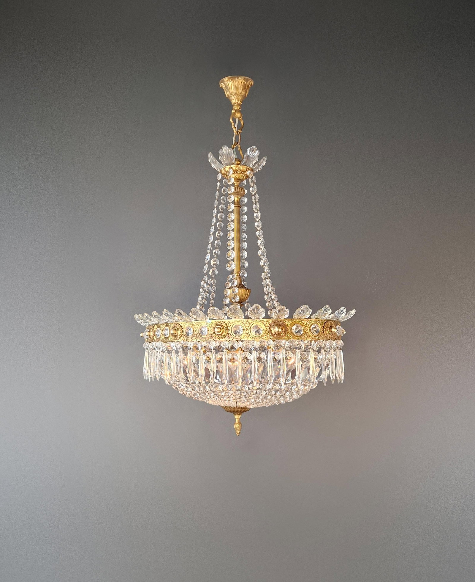 Antique Oval Empire Style Crystal Chandelier Brass Neoclassical Light Restored - 4