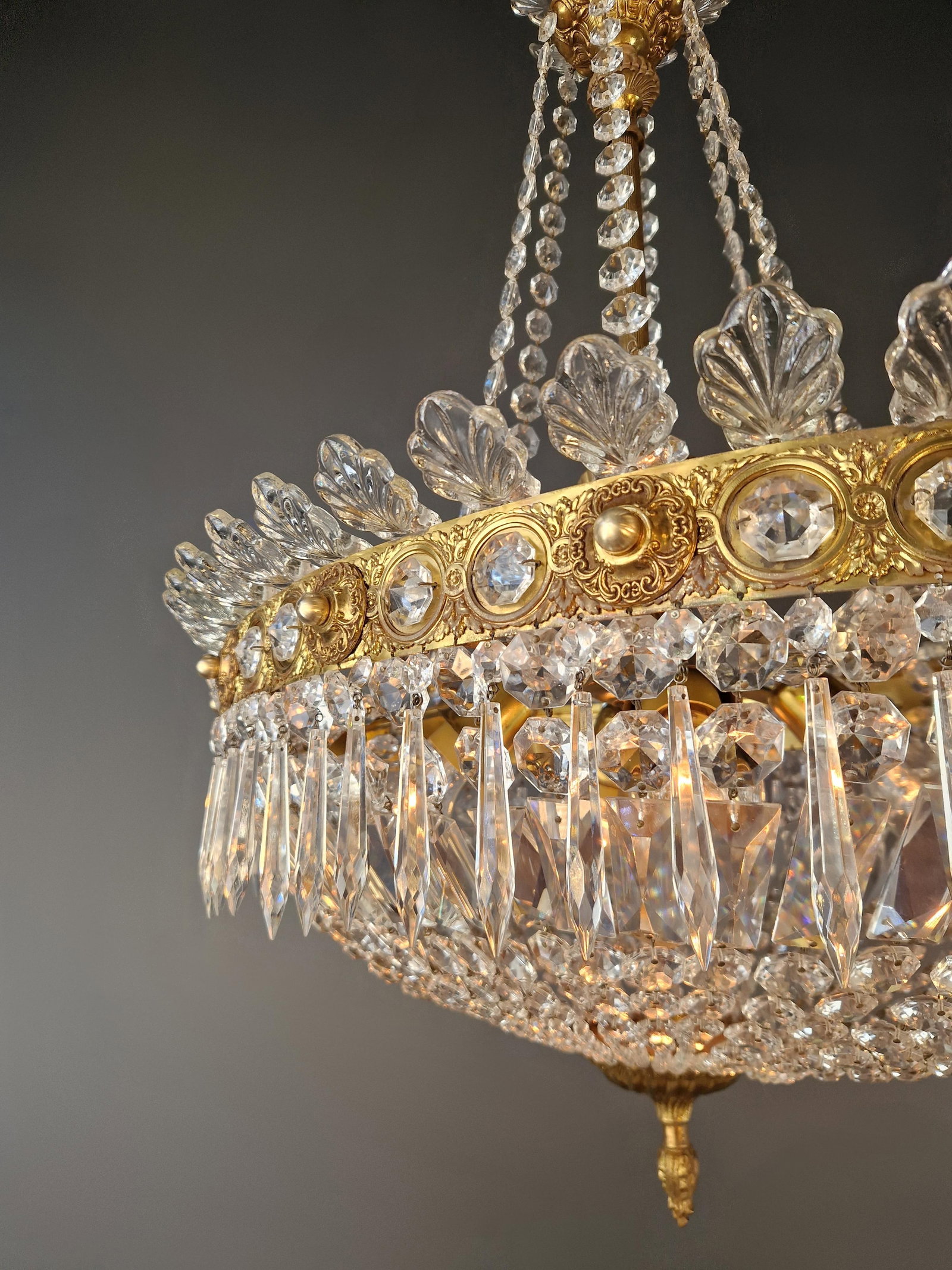 Antique Oval Empire Style Crystal Chandelier Brass Neoclassical Light Restored - 5