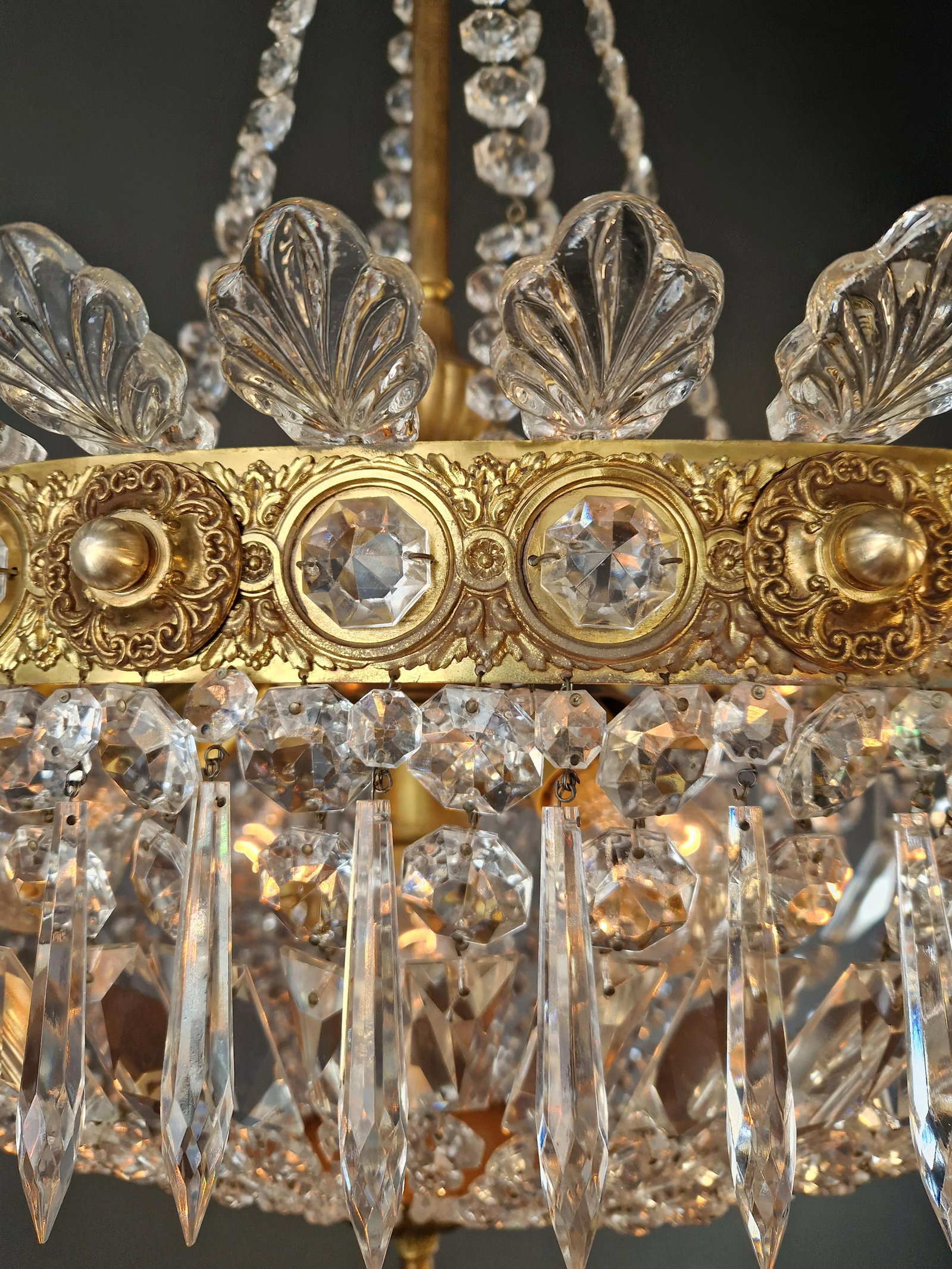 Antique Oval Empire Style Crystal Chandelier Brass Neoclassical Light Restored - 6
