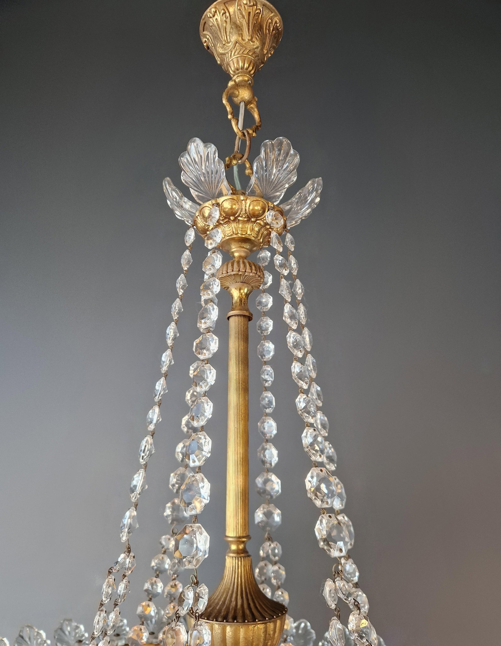 Antique Oval Empire Style Crystal Chandelier Brass Neoclassical Light Restored - 7