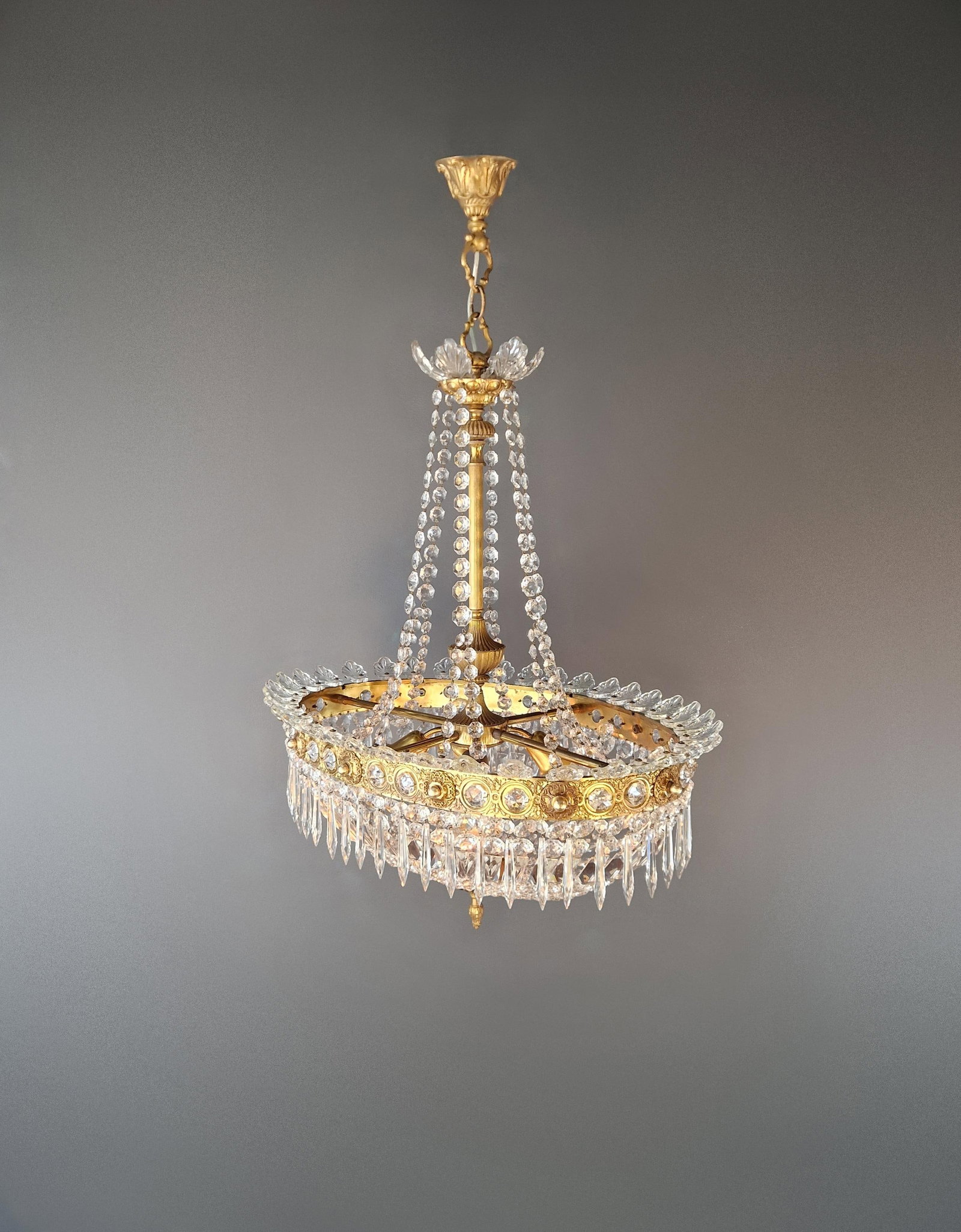 Antique Oval Empire Style Crystal Chandelier Brass Neoclassical Light Restored - 8