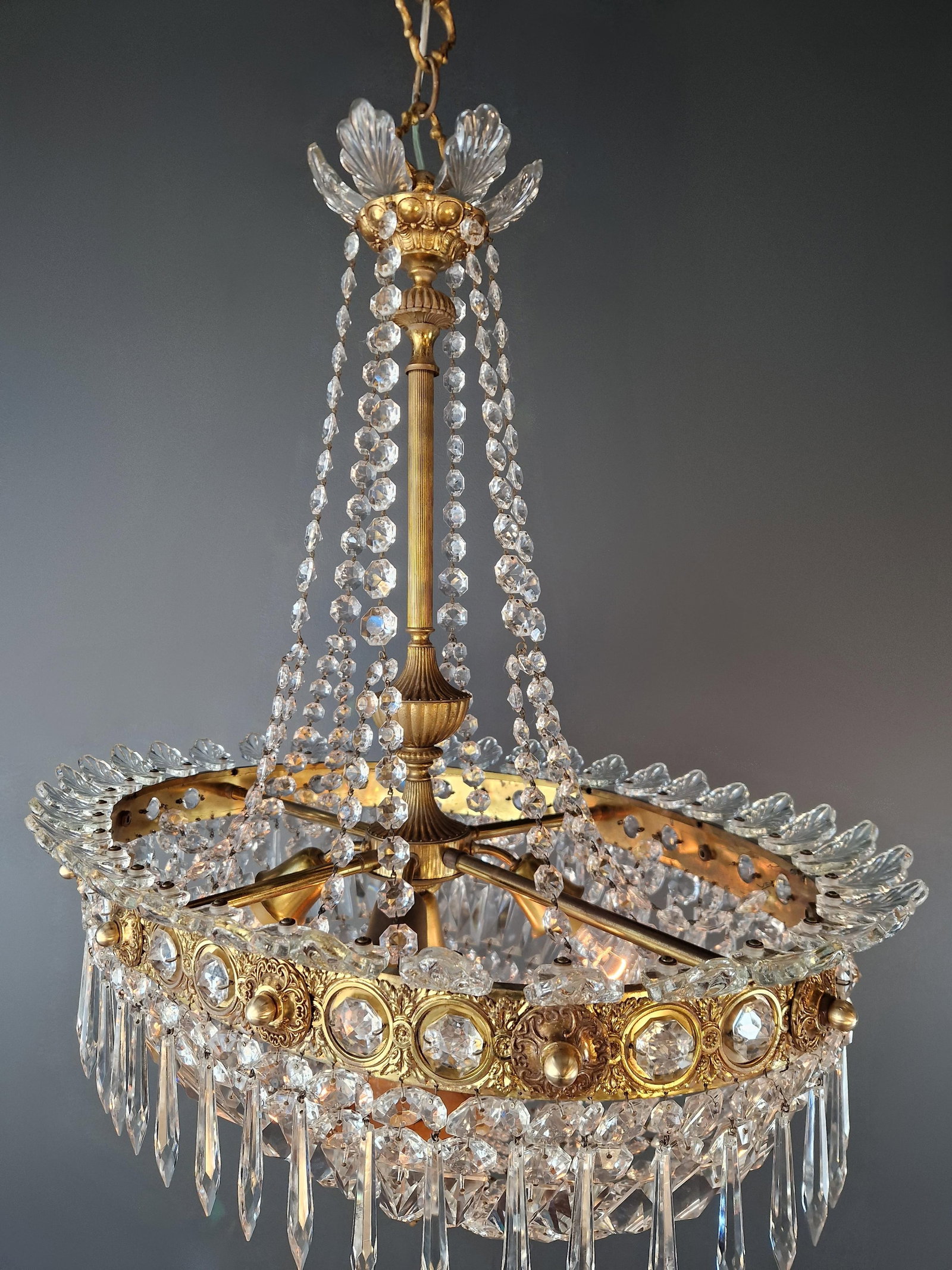Antique Oval Empire Style Crystal Chandelier Brass Neoclassical Light Restored - 9