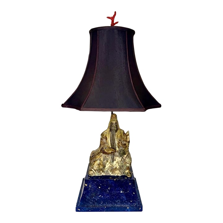Mid-Century Parcel Gilt Faux Lapis Lazuli Asian Figural Table Lamp: The Narrative of Transformation This monumental work of functional art is a definitive expression of the Turtle and Crane studio, where our mission is "Turning the Past into Stunning Decor for