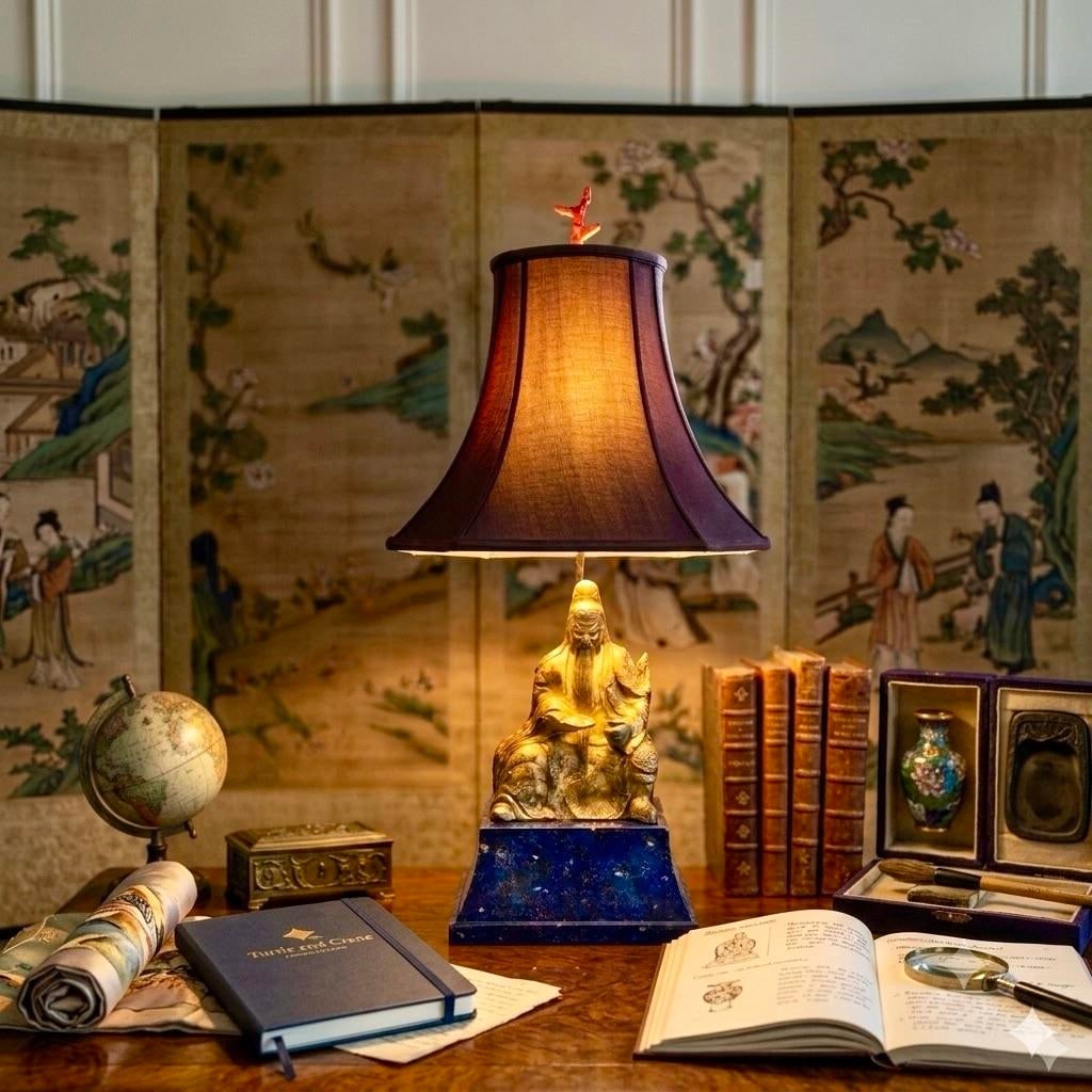 Mid-Century Parcel Gilt Faux Lapis Lazuli Asian Figural Table Lamp - 2