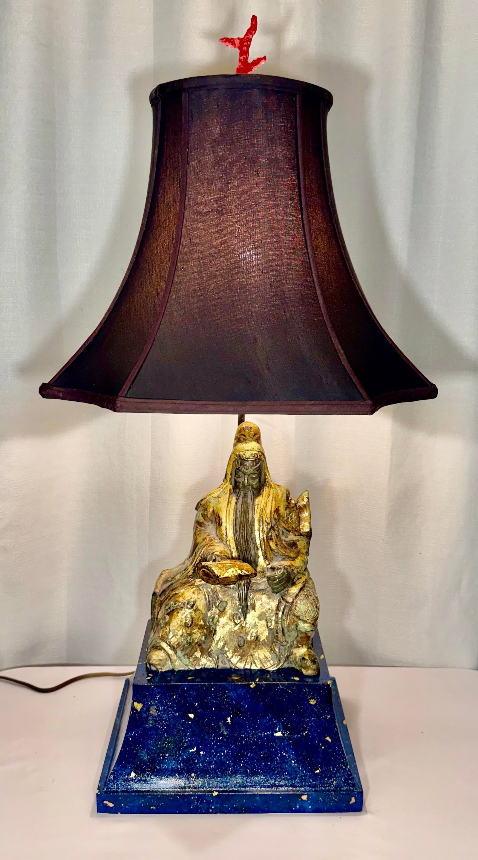 Mid-Century Parcel Gilt Faux Lapis Lazuli Asian Figural Table Lamp - 3