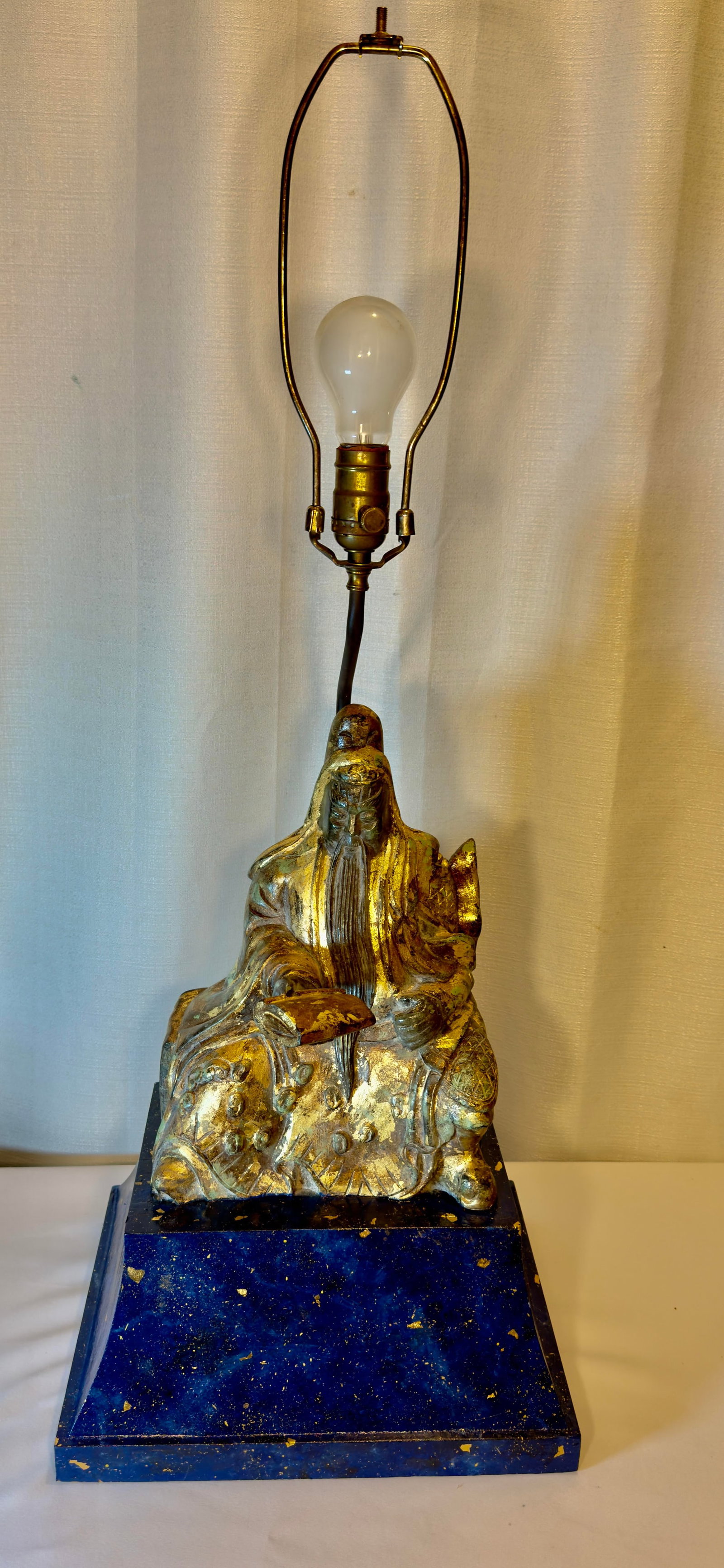 Mid-Century Parcel Gilt Faux Lapis Lazuli Asian Figural Table Lamp - 4