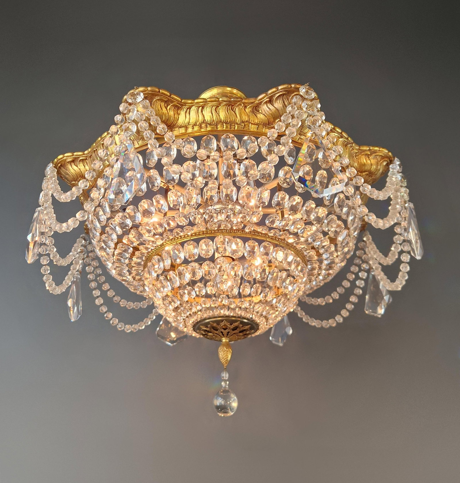 1900s Baroque Revival Crystal Chandelier Brass Basket Form Restored Historicism - 11