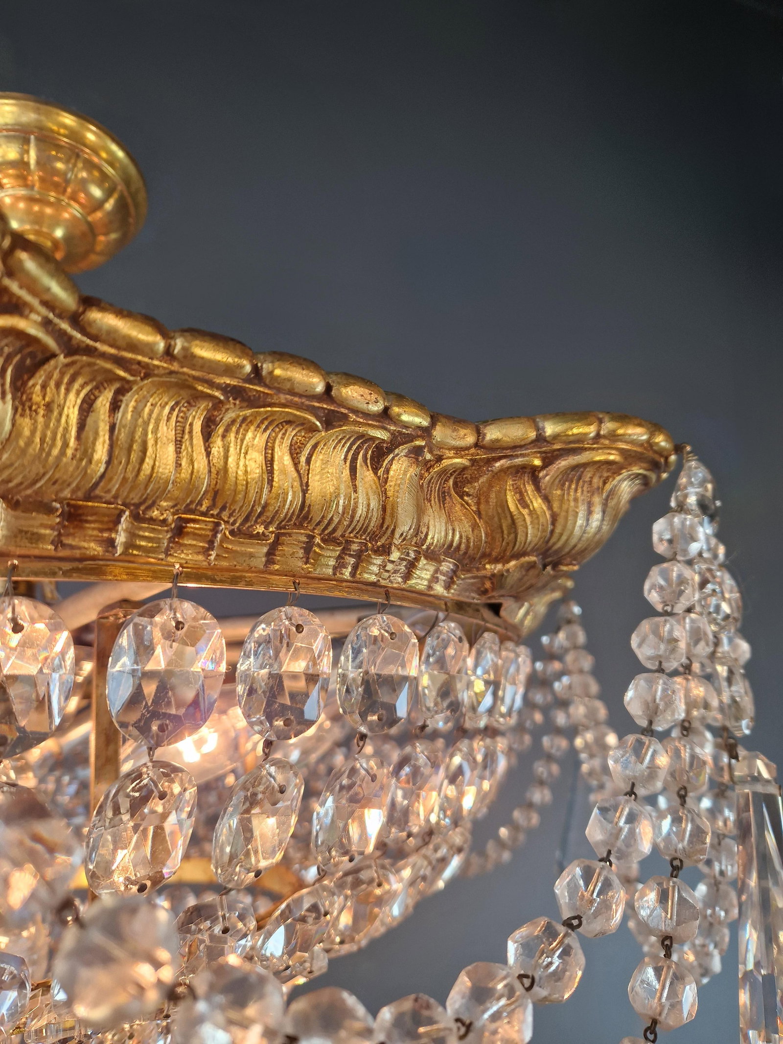 1900s Baroque Revival Crystal Chandelier Brass Basket Form Restored Historicism - 12