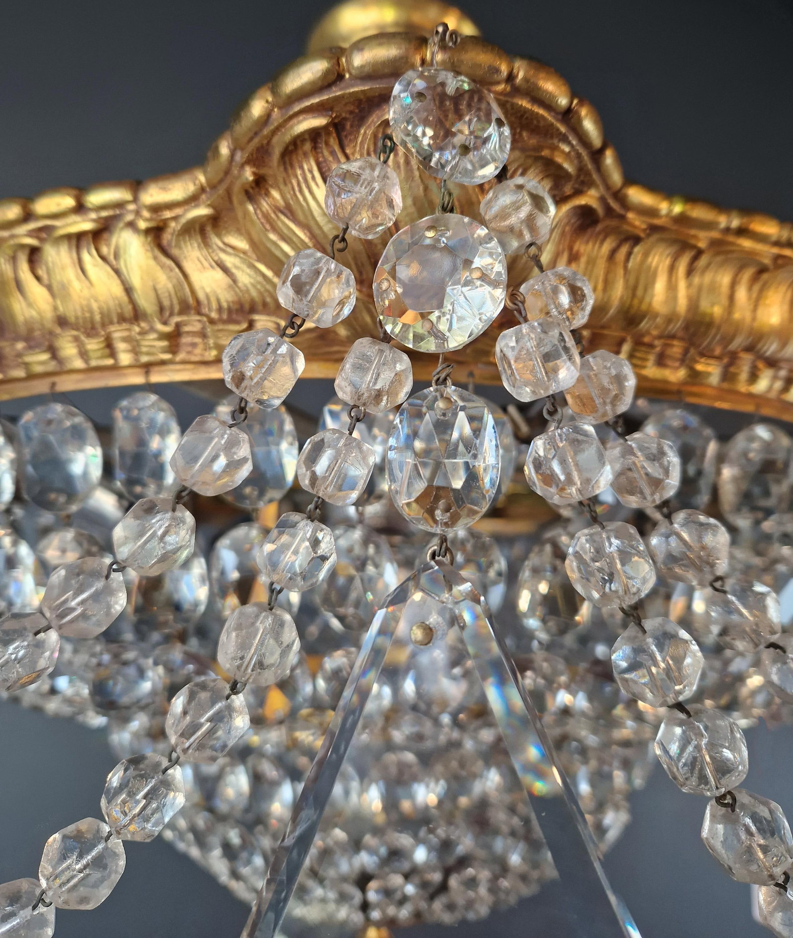 1900s Baroque Revival Crystal Chandelier Brass Basket Form Restored Historicism - 13