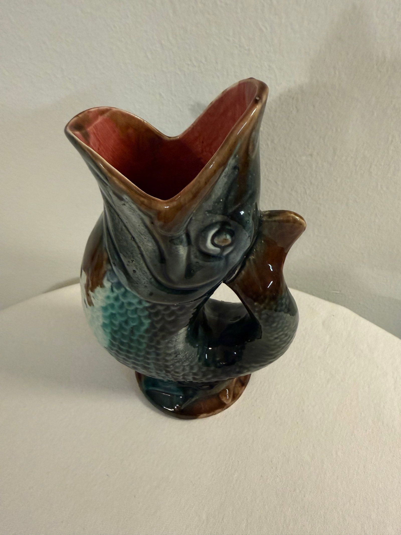 Early 20th Century Majolica Gurgling Fish Antique Pitcher - 2