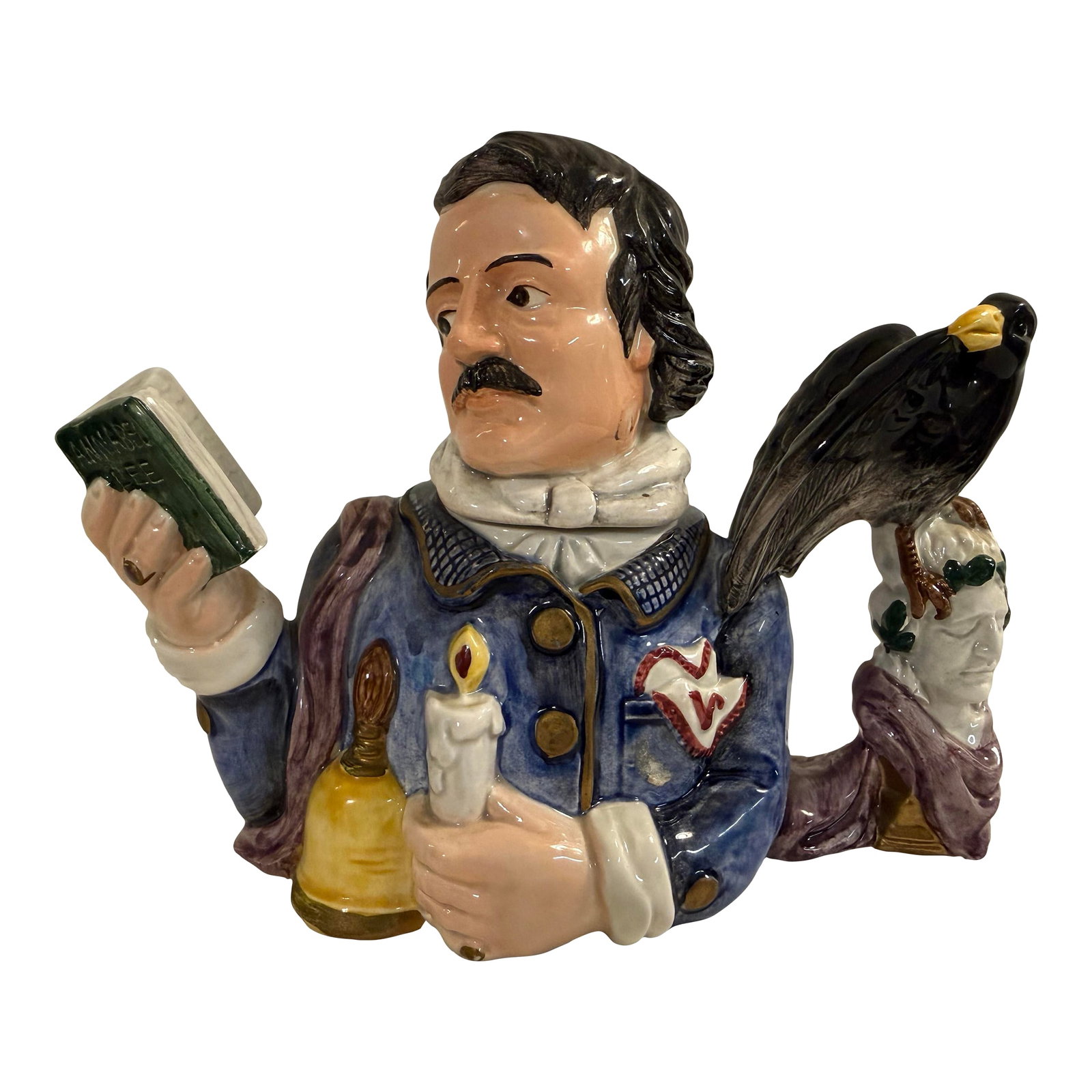 1990s Fitz and Floyd Edgar Allan Poe Character Jug With Raven – Literary Figural Pitcher: A rare and highly collectible vintage Fitz and Floyd Edgar Allan Poe character jug featuring the legendary poet with his iconic raven perched dramatically at his side. Rich in gothic literary symbolis