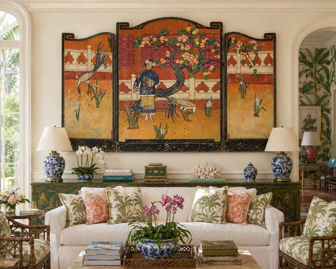 Monumental Chinoiserie Three-Panel Triptych Screen, Lake Geneva, Wisconsin, C. 1900–1920" - 2