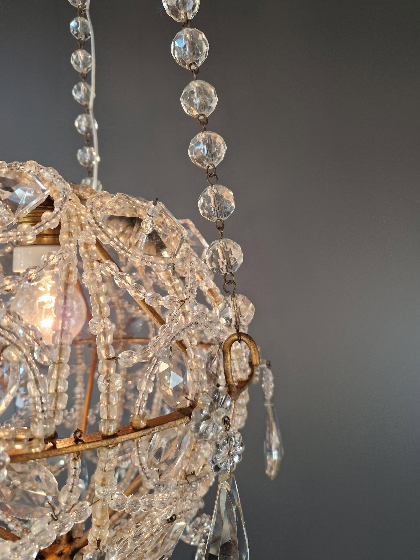 Antique Closed Crystal Body Sphere Basket Chandelier Bohemian - 11