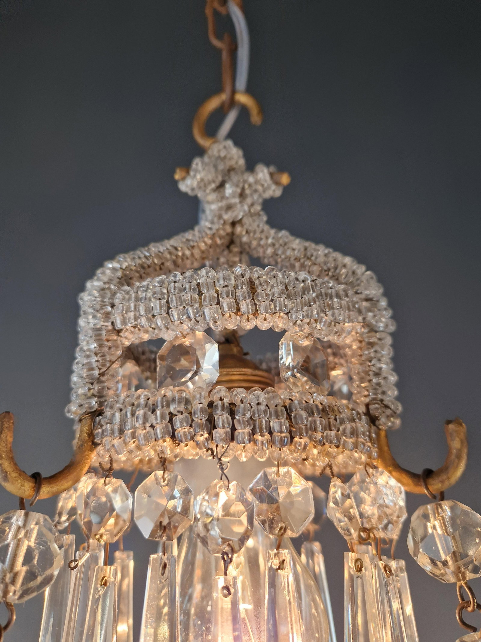 Antique Closed Crystal Body Sphere Basket Chandelier Bohemian - 13