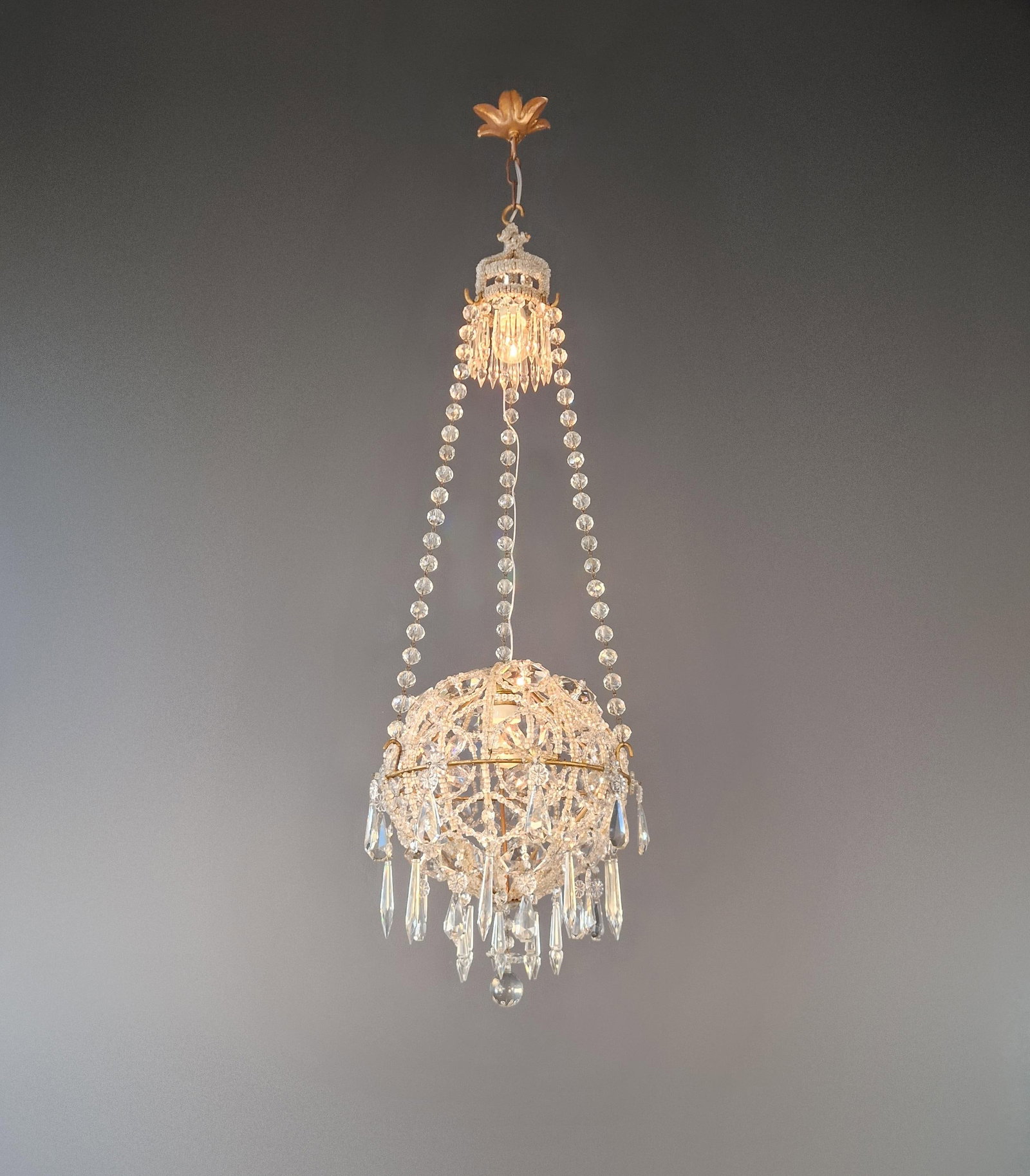 Antique Closed Crystal Body Sphere Basket Chandelier Bohemian - 2