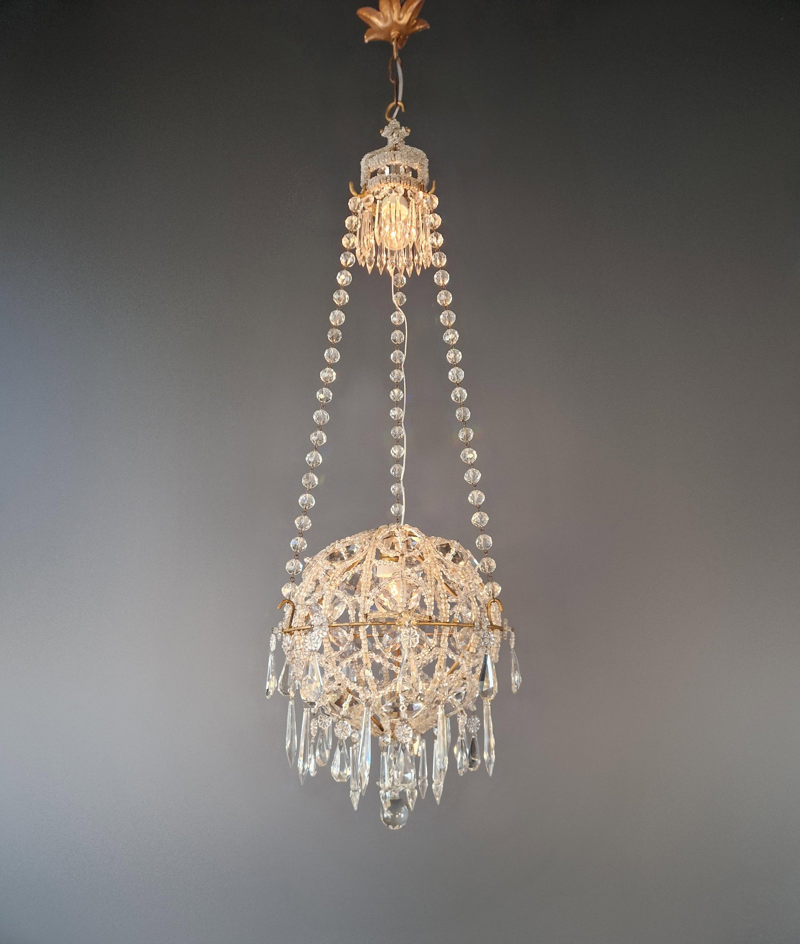 Antique Closed Crystal Body Sphere Basket Chandelier Bohemian - 3