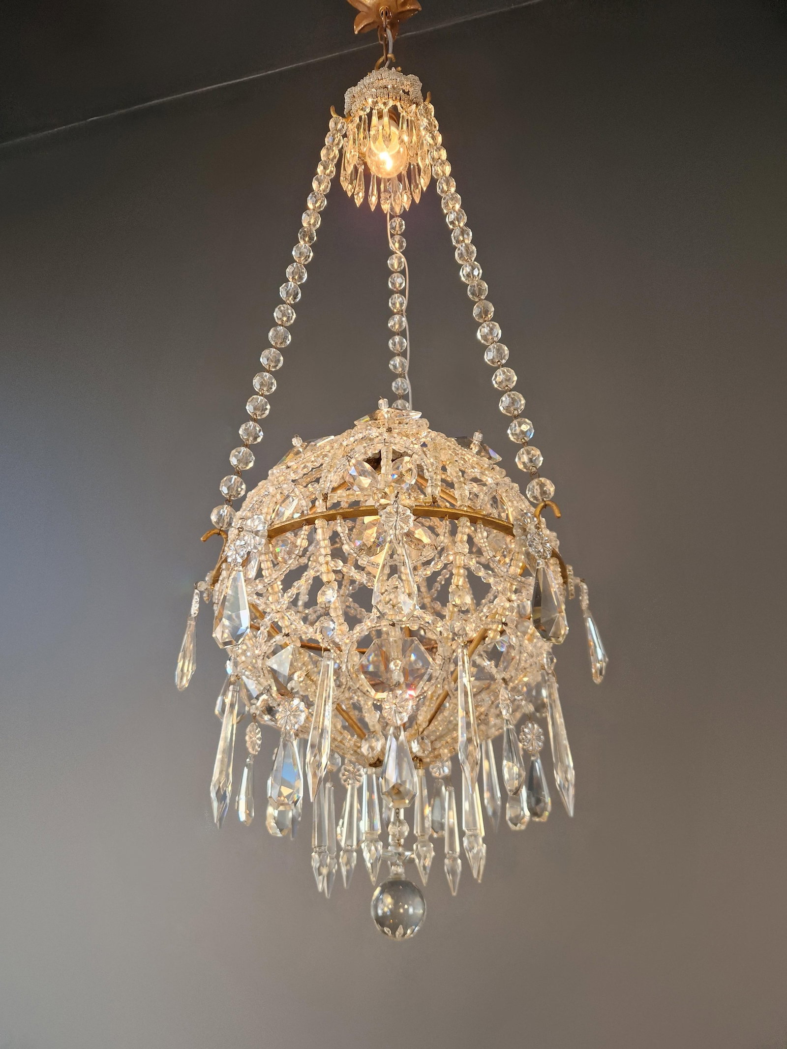 Antique Closed Crystal Body Sphere Basket Chandelier Bohemian - 5