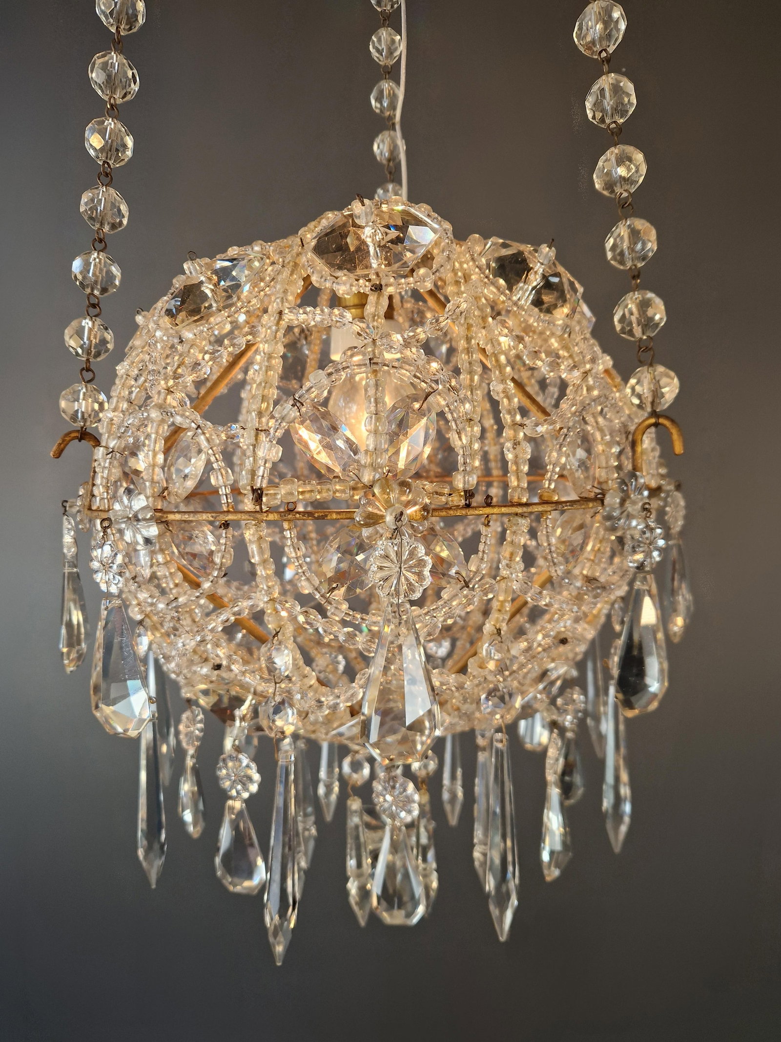 Antique Closed Crystal Body Sphere Basket Chandelier Bohemian - 8