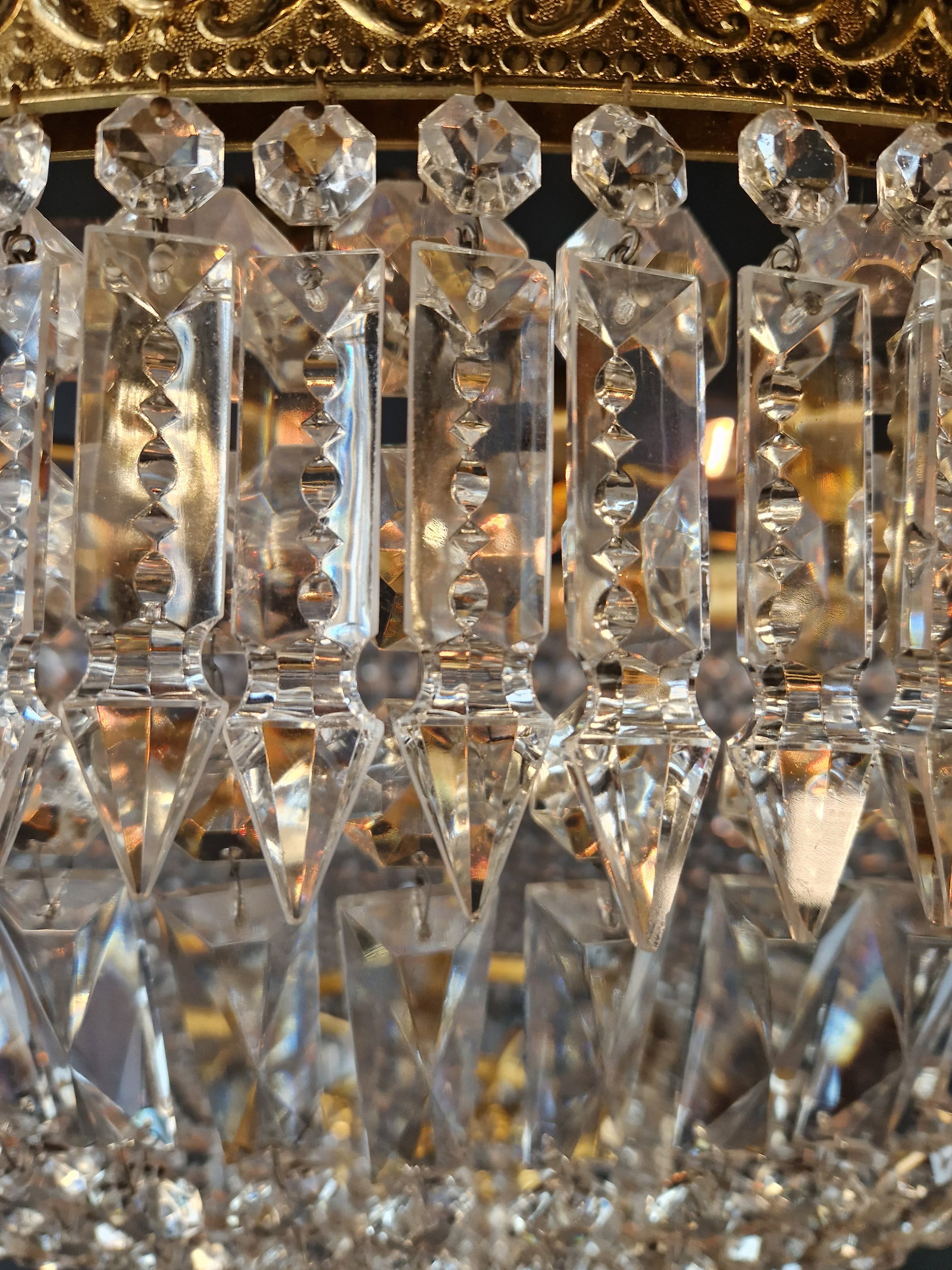 1930s Low Plafonnier Crystal Chandelier Brass Lustre Ceiling Art Deco Gold - 11