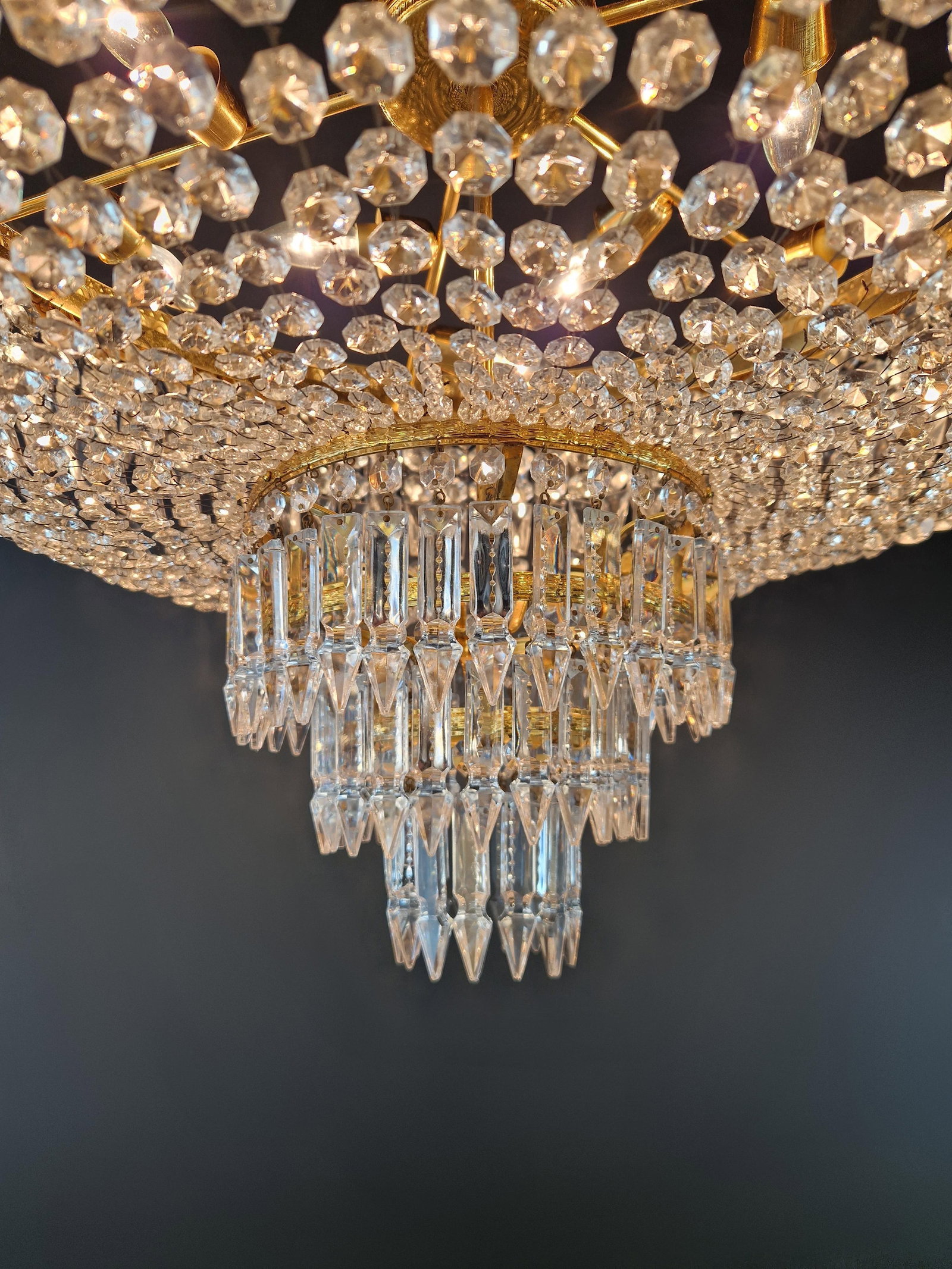 1930s Low Plafonnier Crystal Chandelier Brass Lustre Ceiling Art Deco Gold - 12