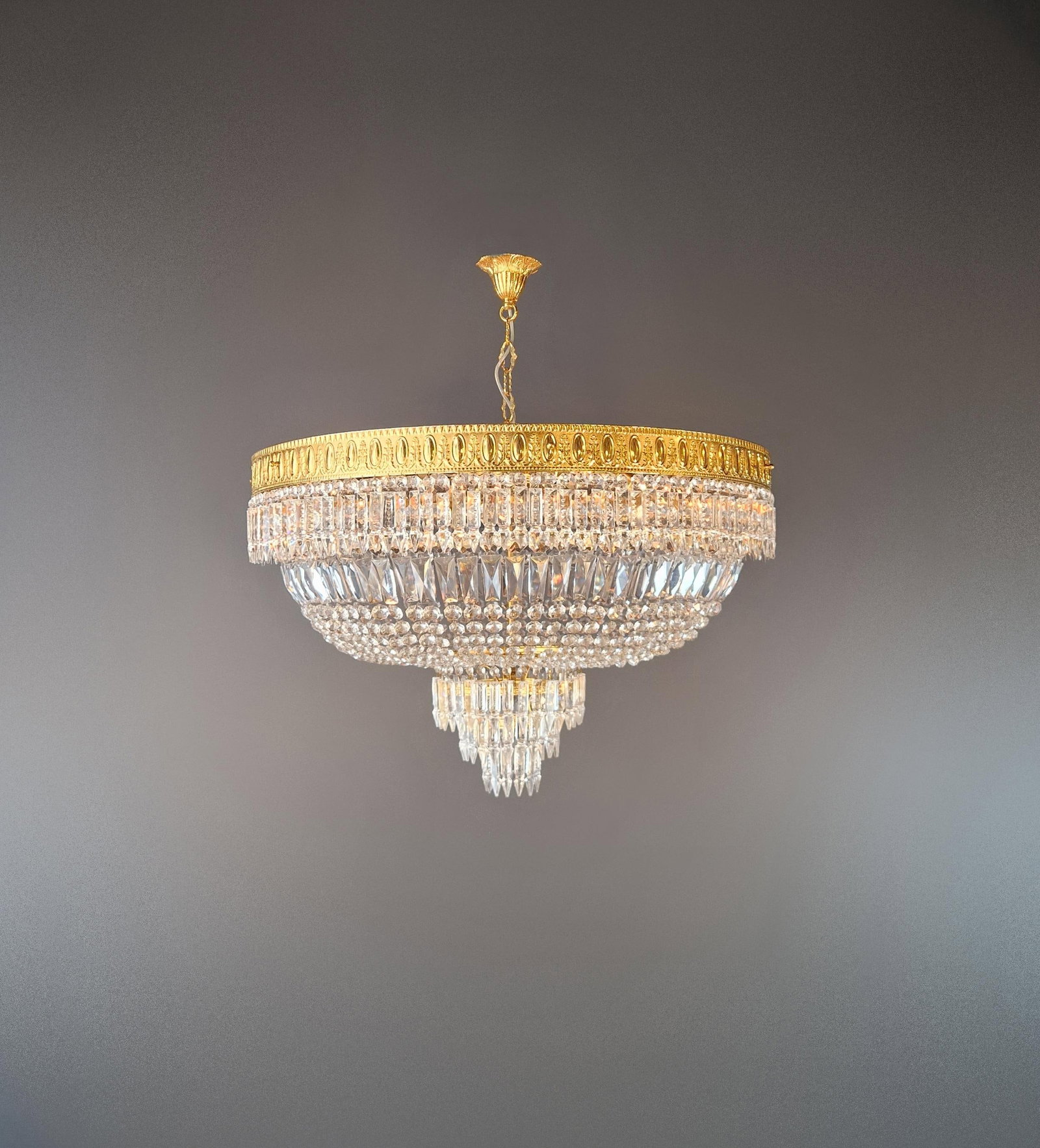 1930s Low Plafonnier Crystal Chandelier Brass Lustre Ceiling Art Deco Gold - 2