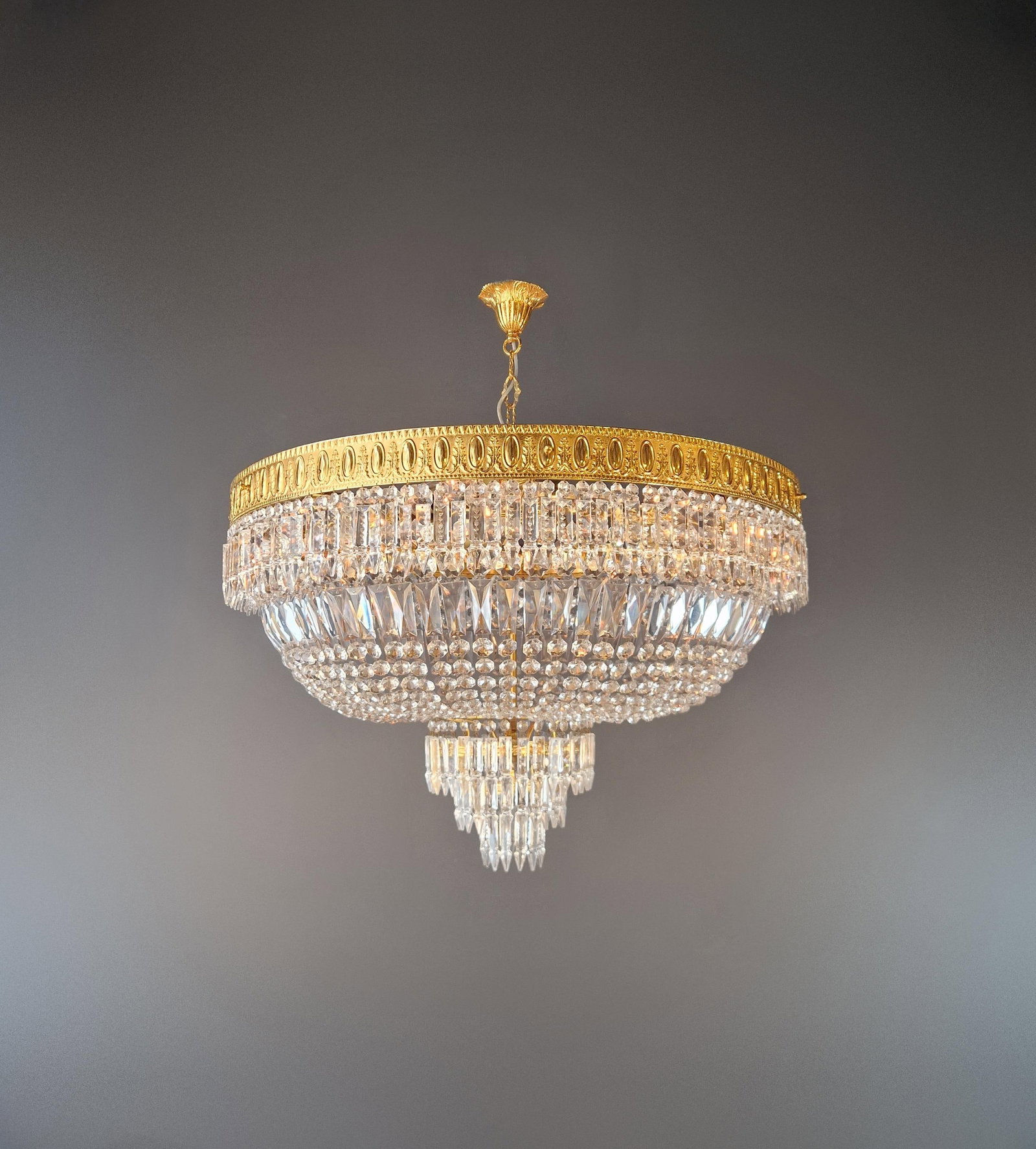 1930s Low Plafonnier Crystal Chandelier Brass Lustre Ceiling Art Deco Gold - 3