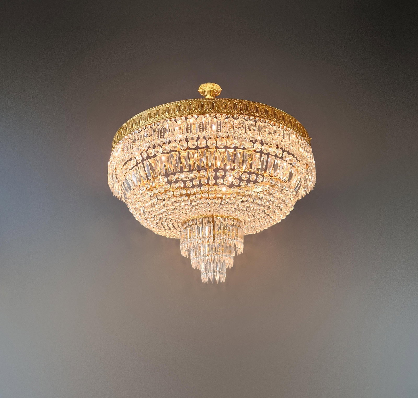 1930s Low Plafonnier Crystal Chandelier Brass Lustre Ceiling Art Deco Gold - 4