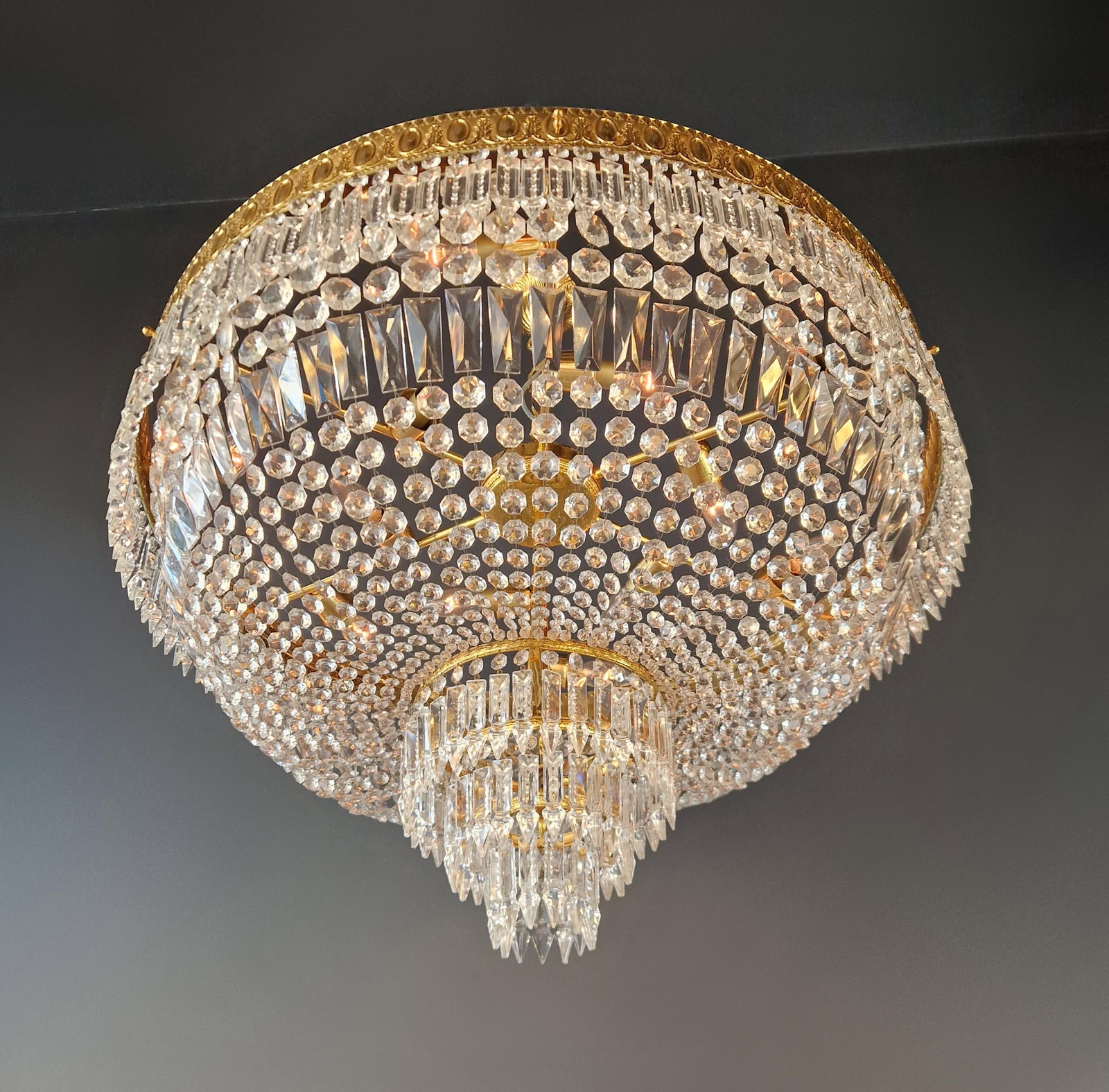 1930s Low Plafonnier Crystal Chandelier Brass Lustre Ceiling Art Deco Gold - 5