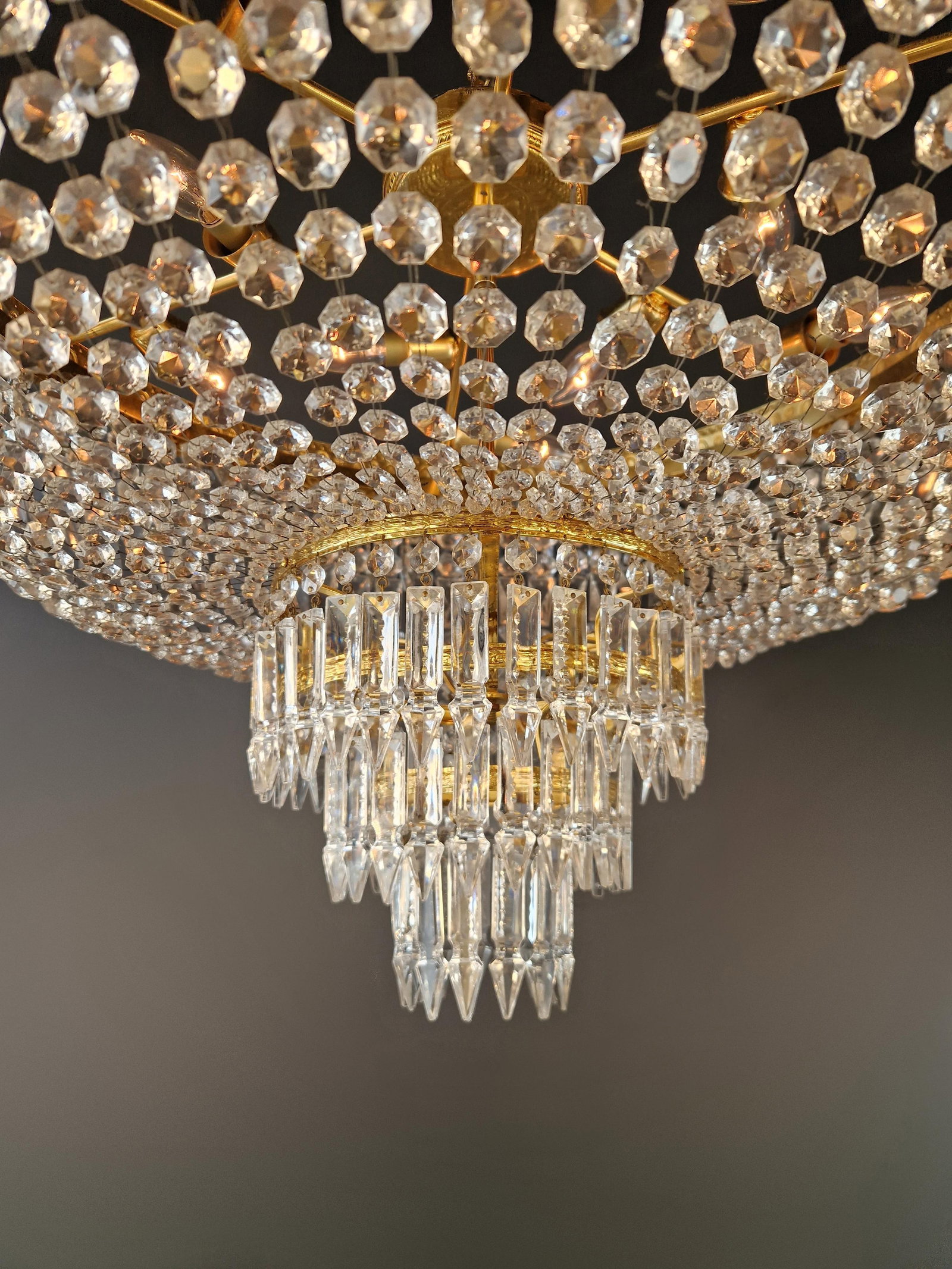 1930s Low Plafonnier Crystal Chandelier Brass Lustre Ceiling Art Deco Gold - 6