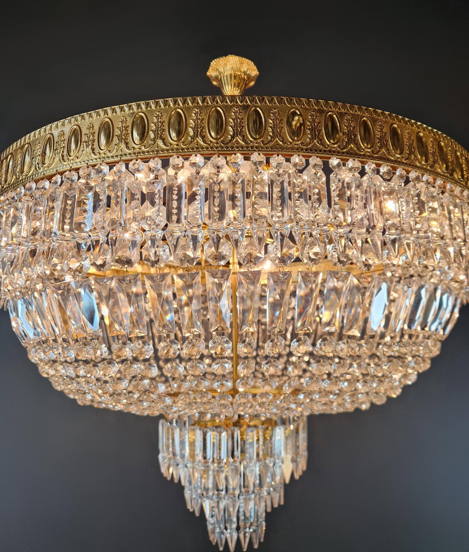 1930s Low Plafonnier Crystal Chandelier Brass Lustre Ceiling Art Deco Gold - 7