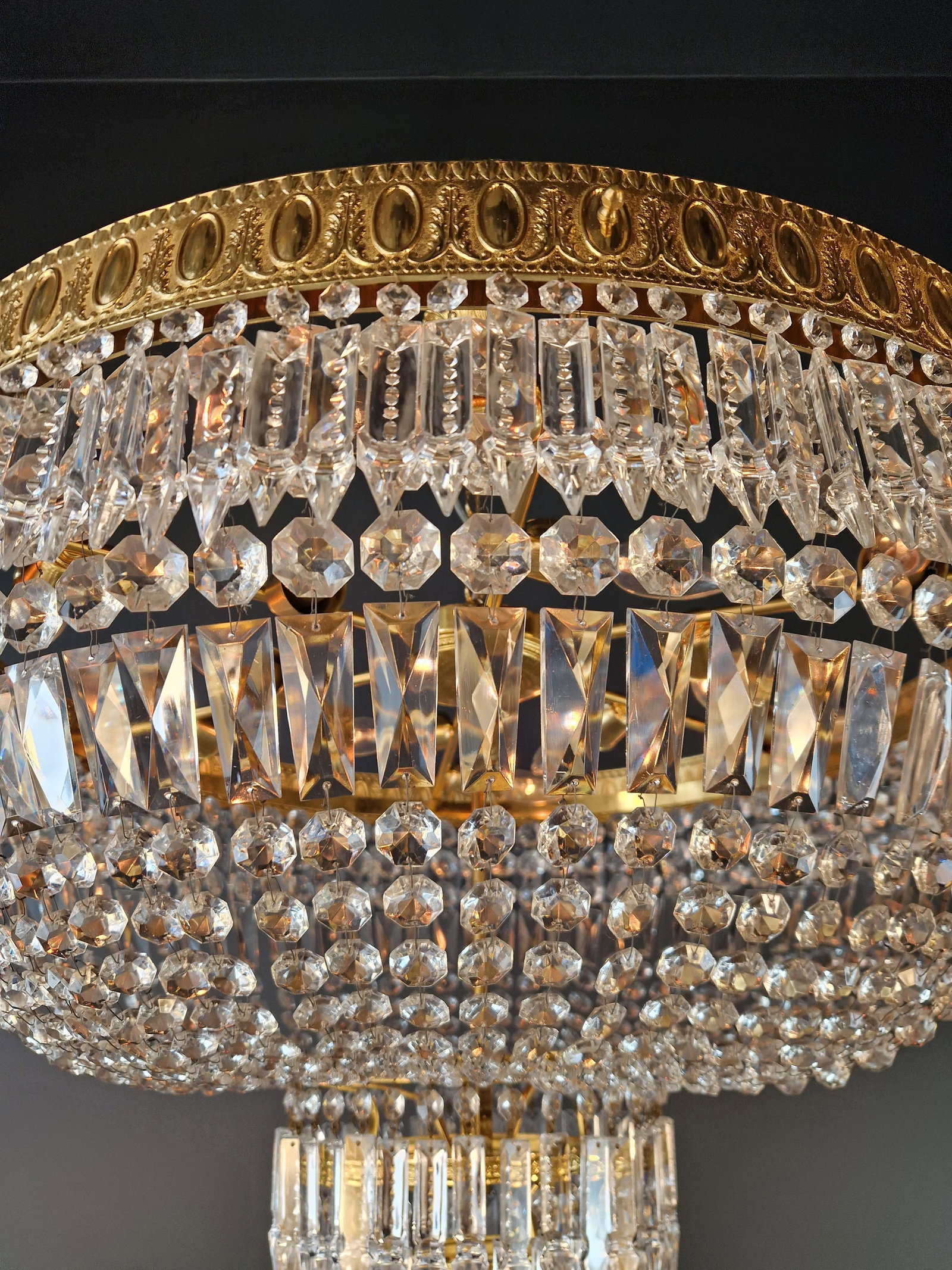 1930s Low Plafonnier Crystal Chandelier Brass Lustre Ceiling Art Deco Gold - 8
