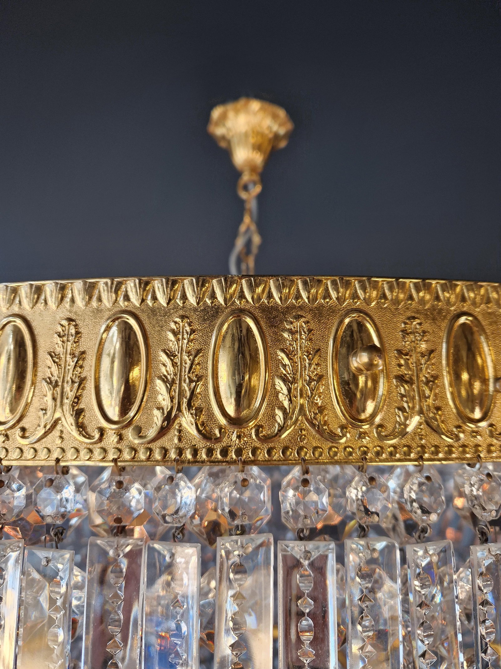 1930s Low Plafonnier Crystal Chandelier Brass Lustre Ceiling Art Deco Gold - 9