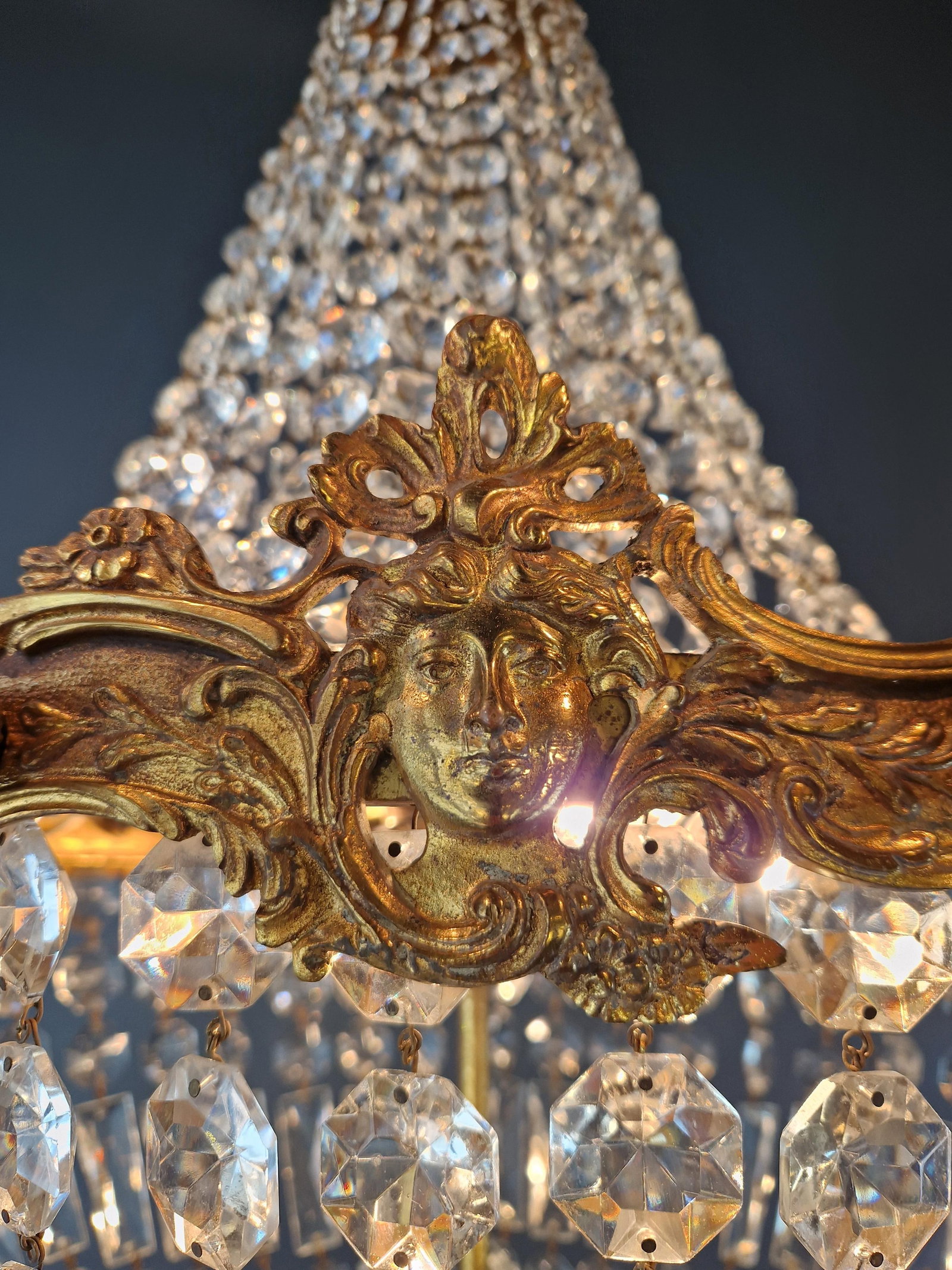 Antique Oval Crystal Chandelier Louis XVI Revival Empire Style Brass 12 Lights - 10