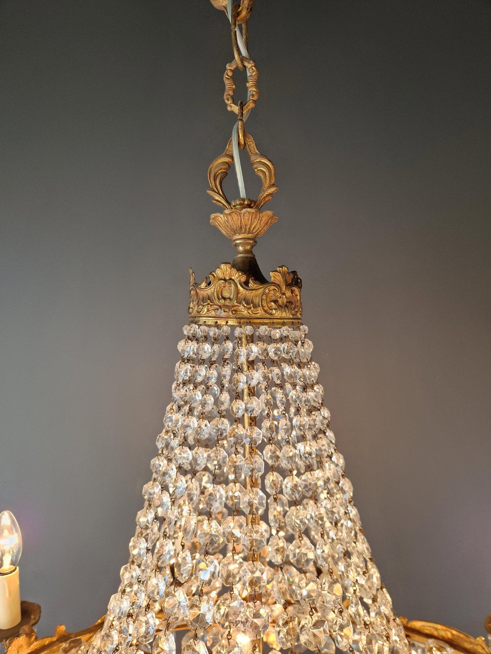 Antique Oval Crystal Chandelier Louis XVI Revival Empire Style Brass 12 Lights - 11