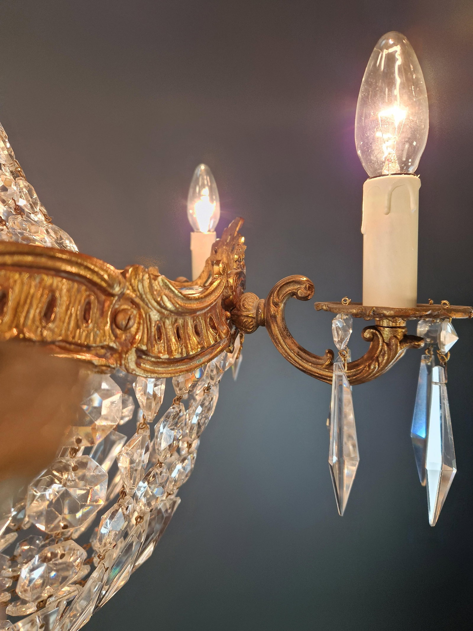 Antique Oval Crystal Chandelier Louis XVI Revival Empire Style Brass 12 Lights - 12