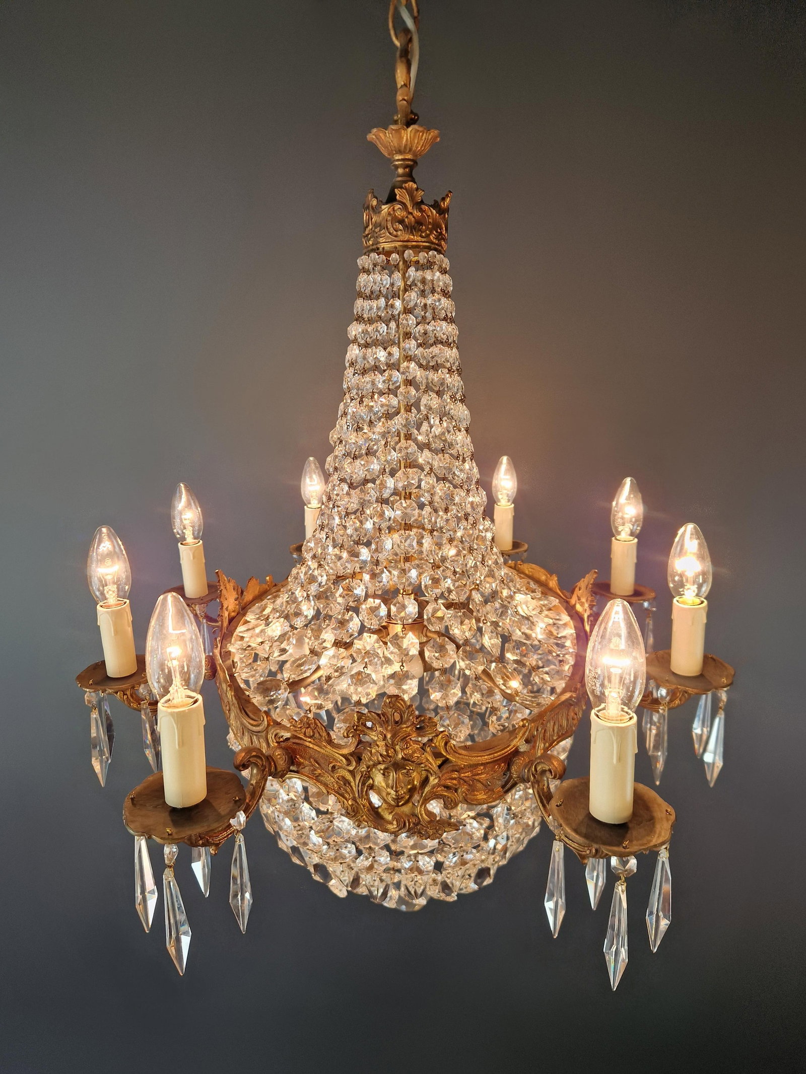 Antique Oval Crystal Chandelier Louis XVI Revival Empire Style Brass 12 Lights - 13