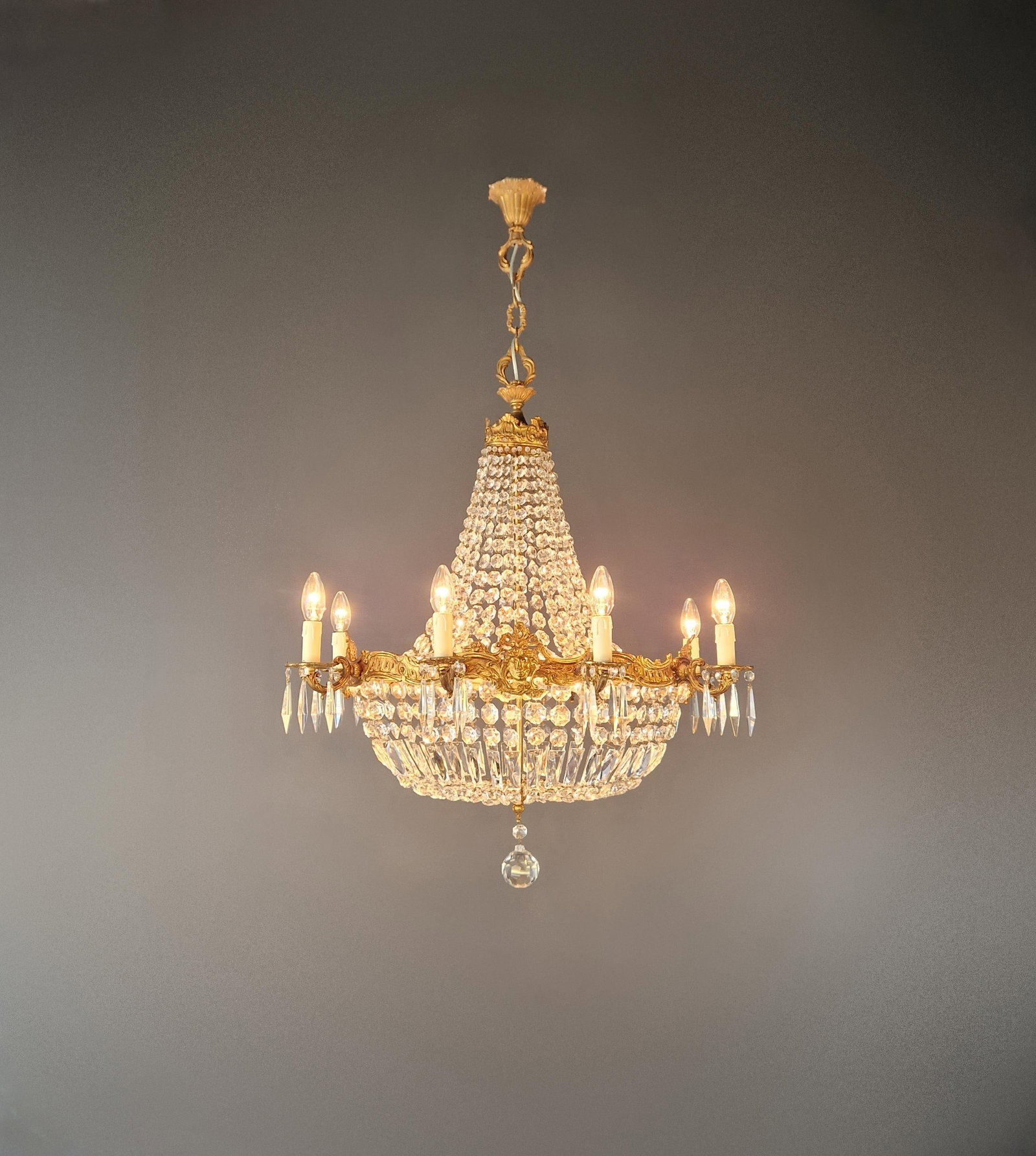 Antique Oval Crystal Chandelier Louis XVI Revival Empire Style Brass 12 Lights - 2