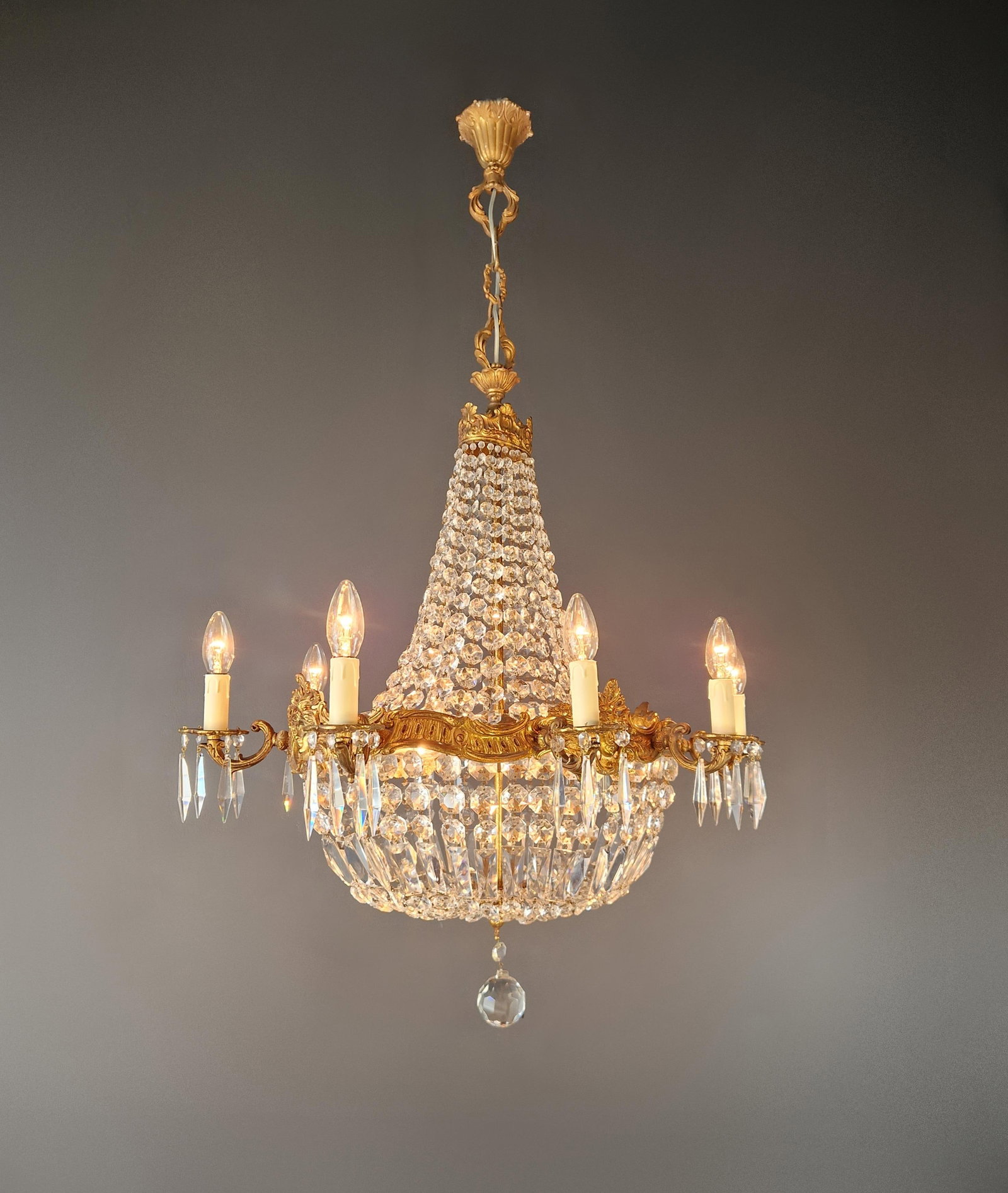 Antique Oval Crystal Chandelier Louis XVI Revival Empire Style Brass 12 Lights - 3