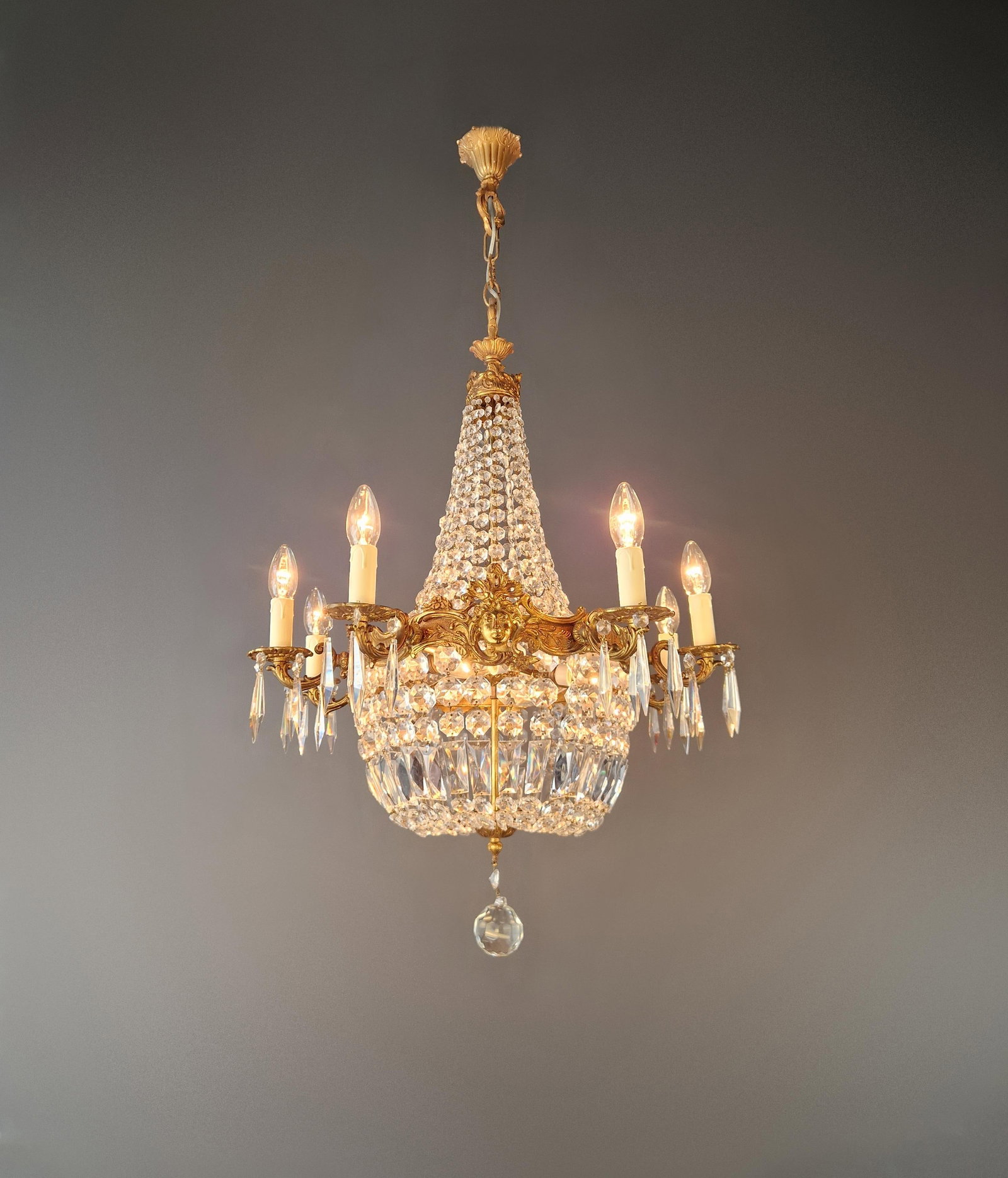 Antique Oval Crystal Chandelier Louis XVI Revival Empire Style Brass 12 Lights - 4
