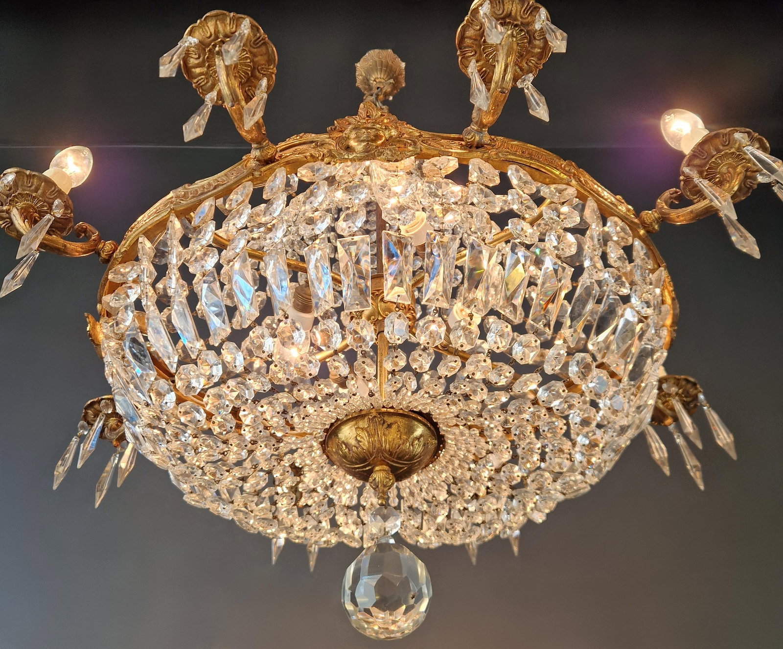 Antique Oval Crystal Chandelier Louis XVI Revival Empire Style Brass 12 Lights - 5